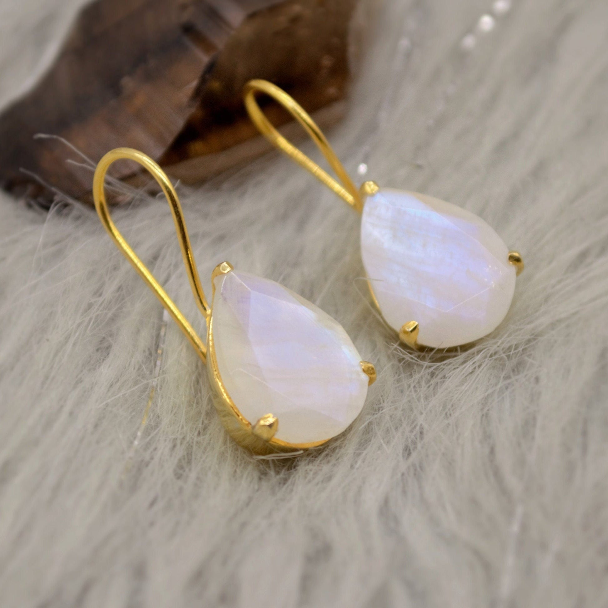 Rainbow Moonstone Gold Earrings, Sterling Silver Drop Earrings, Moonstone Jewelry, Unique Handmade Earrings, Gift For Her, June Birthstone