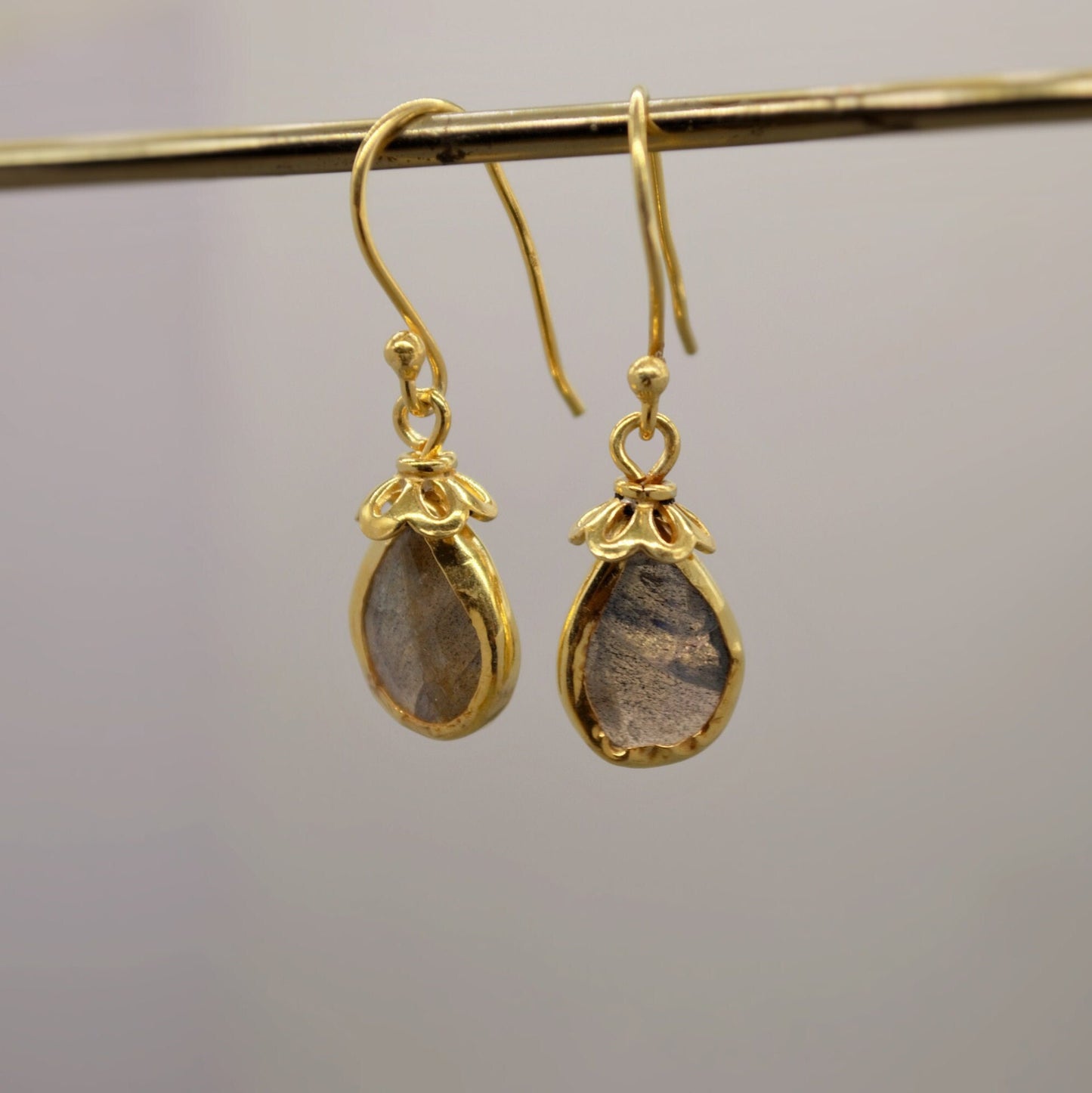 Labradorite Dangle Silver Earrings, Gold Plated Sterling Silver, Handmade Gemstone Earrings, Labradorite Stone Jewelry, Gift For Her