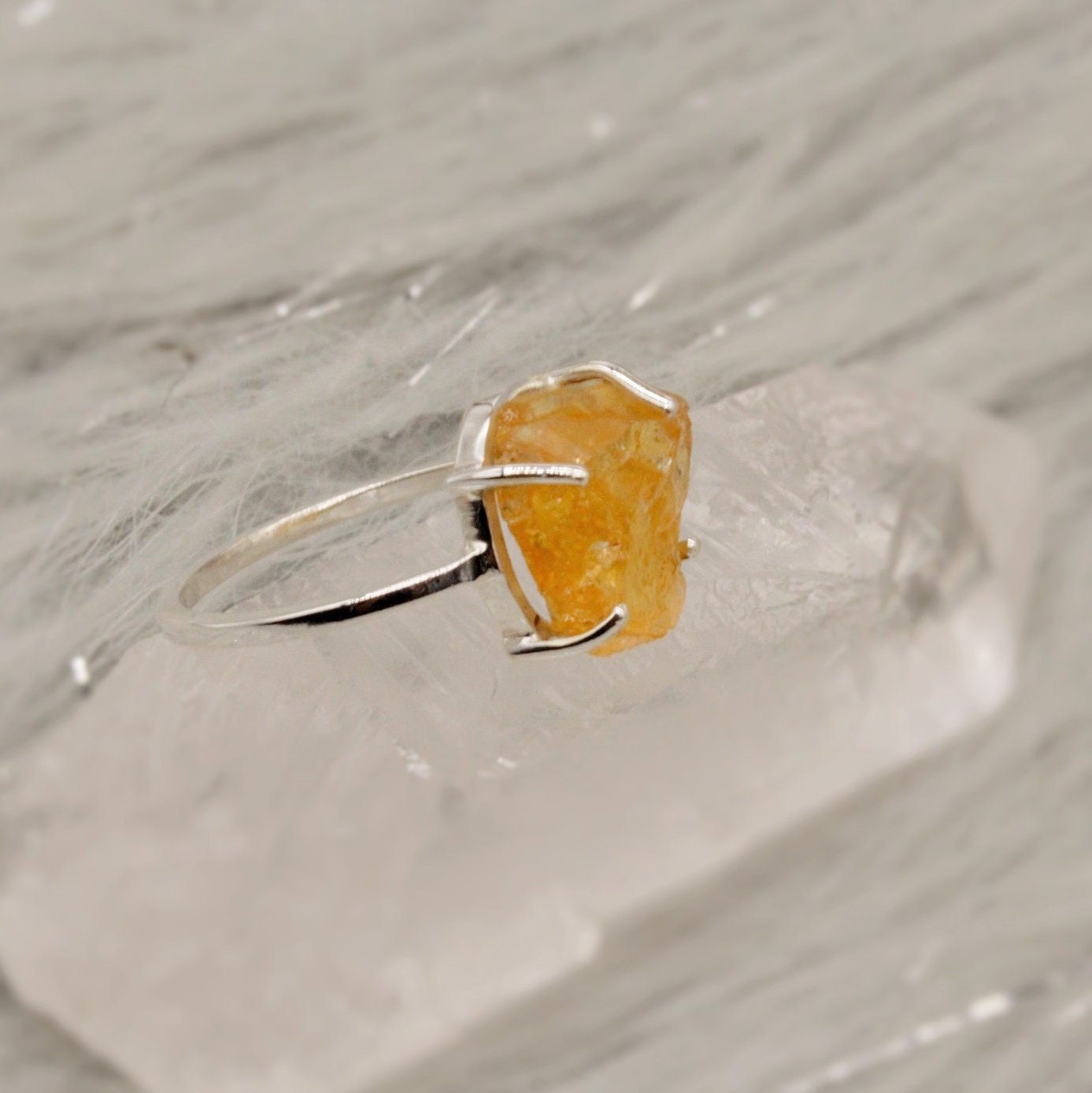 Raw Citrine Ring, Sterling Silver Dainty Gem Ring, Birthstone Rings, Yellow Ring November Birthstone, Gemstone Rings For Women, Gift For Her