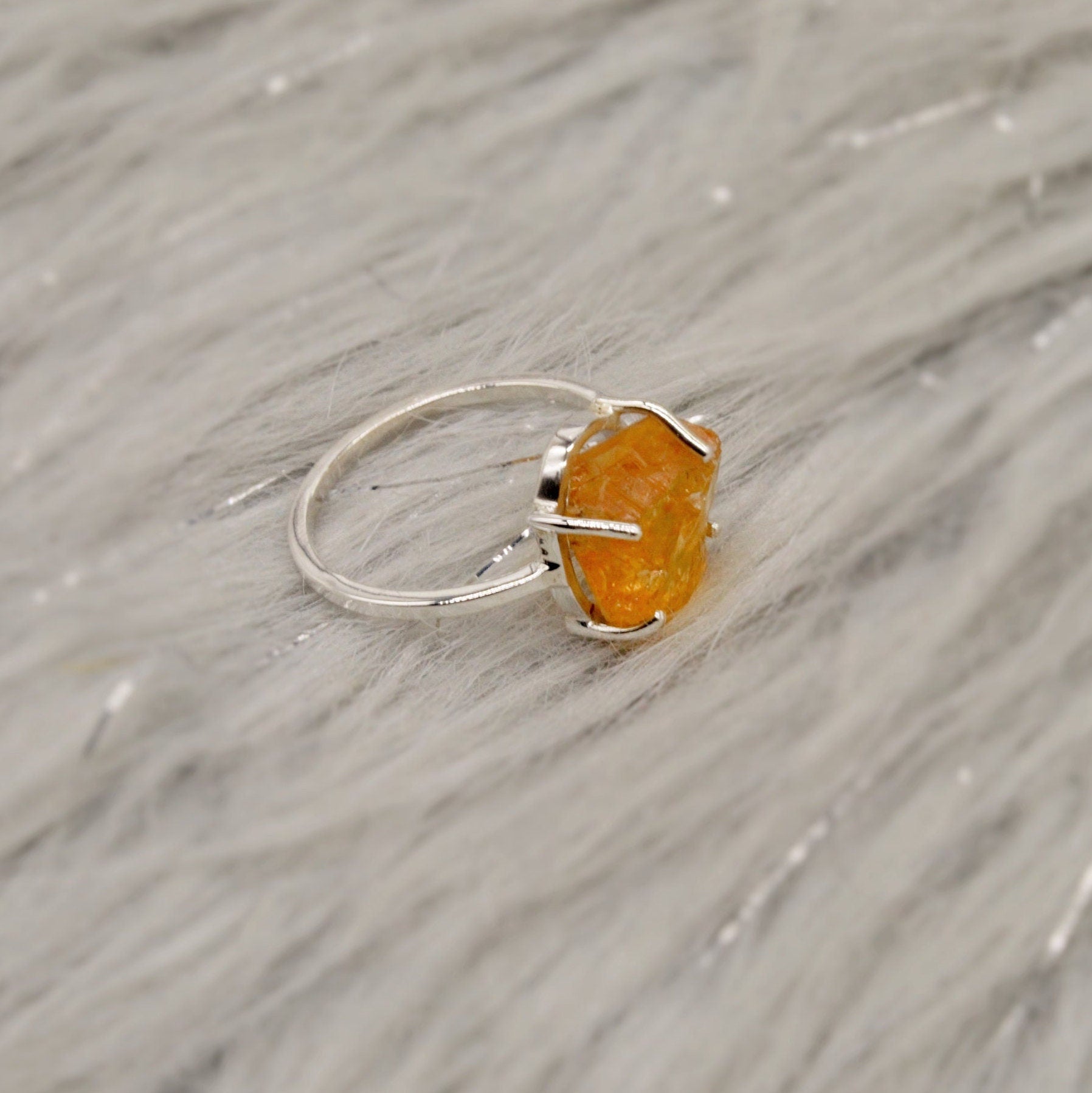 Raw Citrine Ring, Sterling Silver Dainty Gem Ring, Birthstone Rings, Yellow Ring November Birthstone, Gemstone Rings For Women, Gift For Her