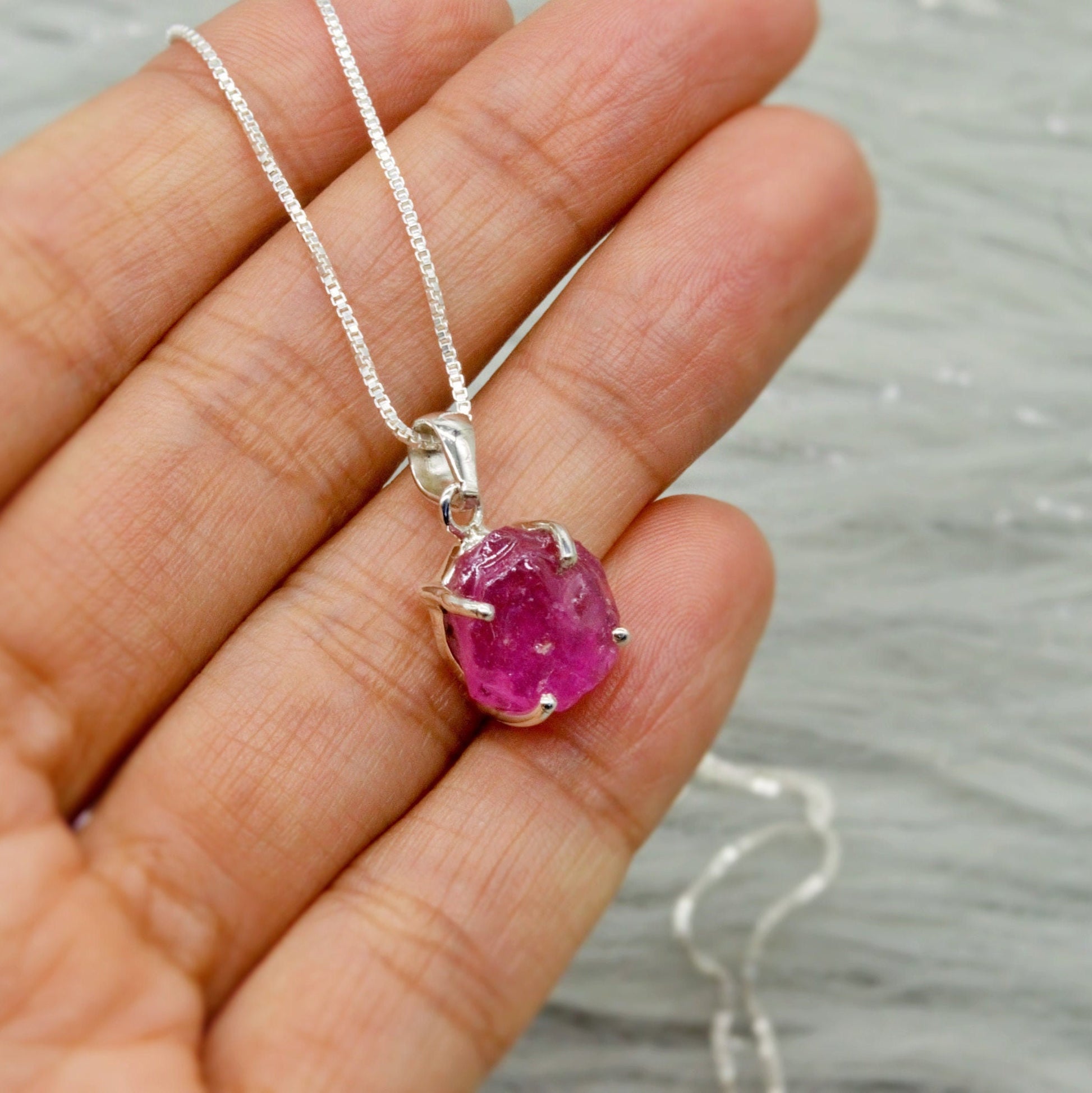 Raw Ruby Chain Pendant Necklace, Sterling Silver, July Birthstone, Dainty Raw Gemstone, Necklaces for Women, Birthday Gift For Her