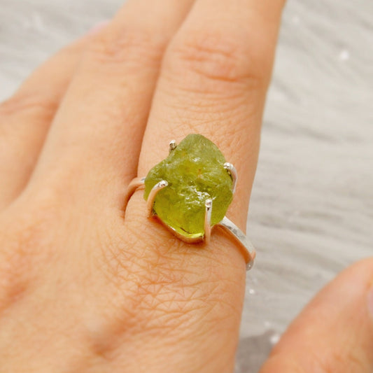 Raw Peridot Ring, Gemstone Ring, August Birthstone Jewelry, UK Size T, Peridot Jewelry, Raw Gem Ring, Rings For Women, Gift For Her