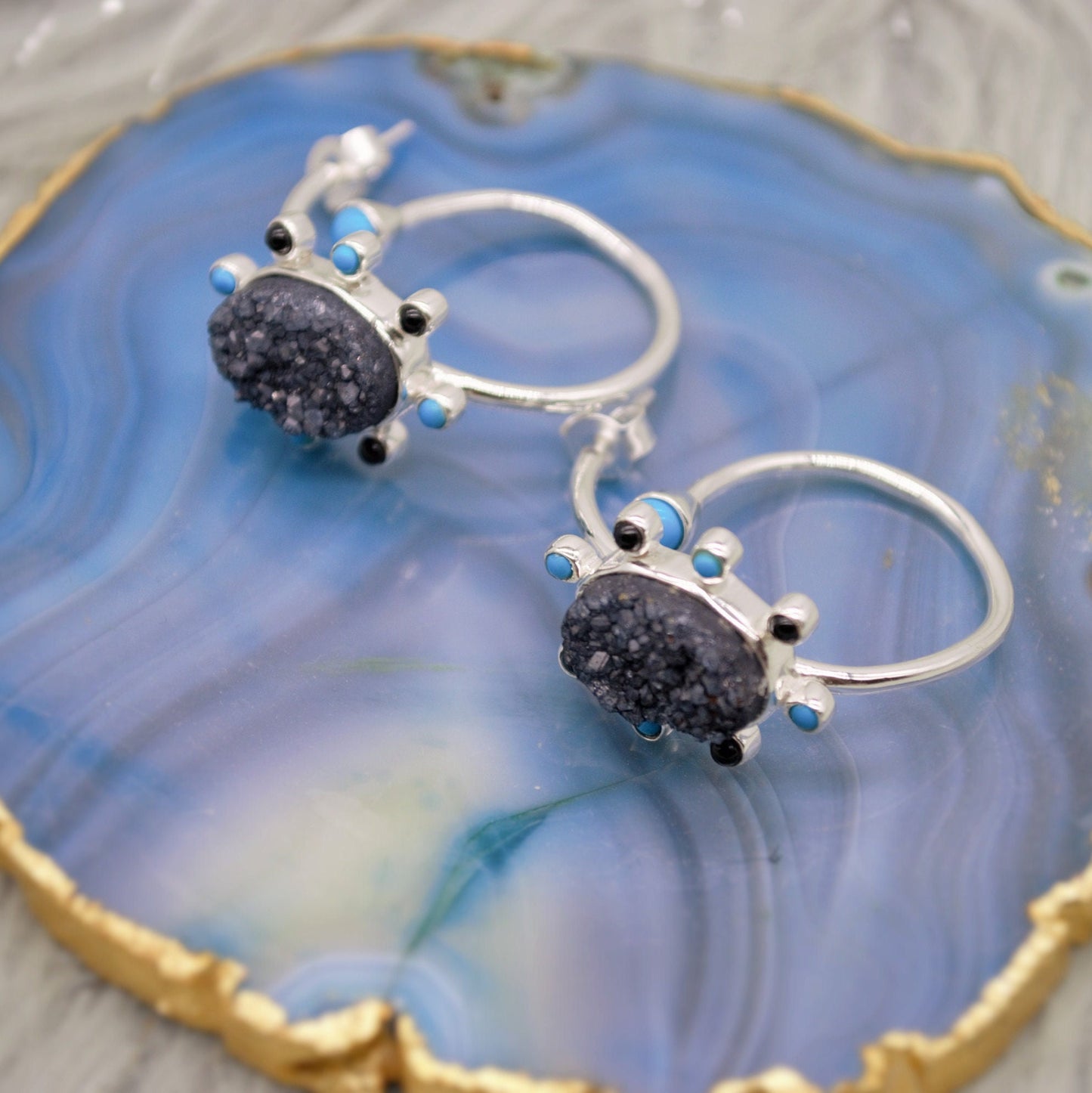 Black Onyx, Agate, Turquoise Earrings, Sterling Silver, Turquoise Birthstone Jewelry, Unique Druzy Gemstone Earrings