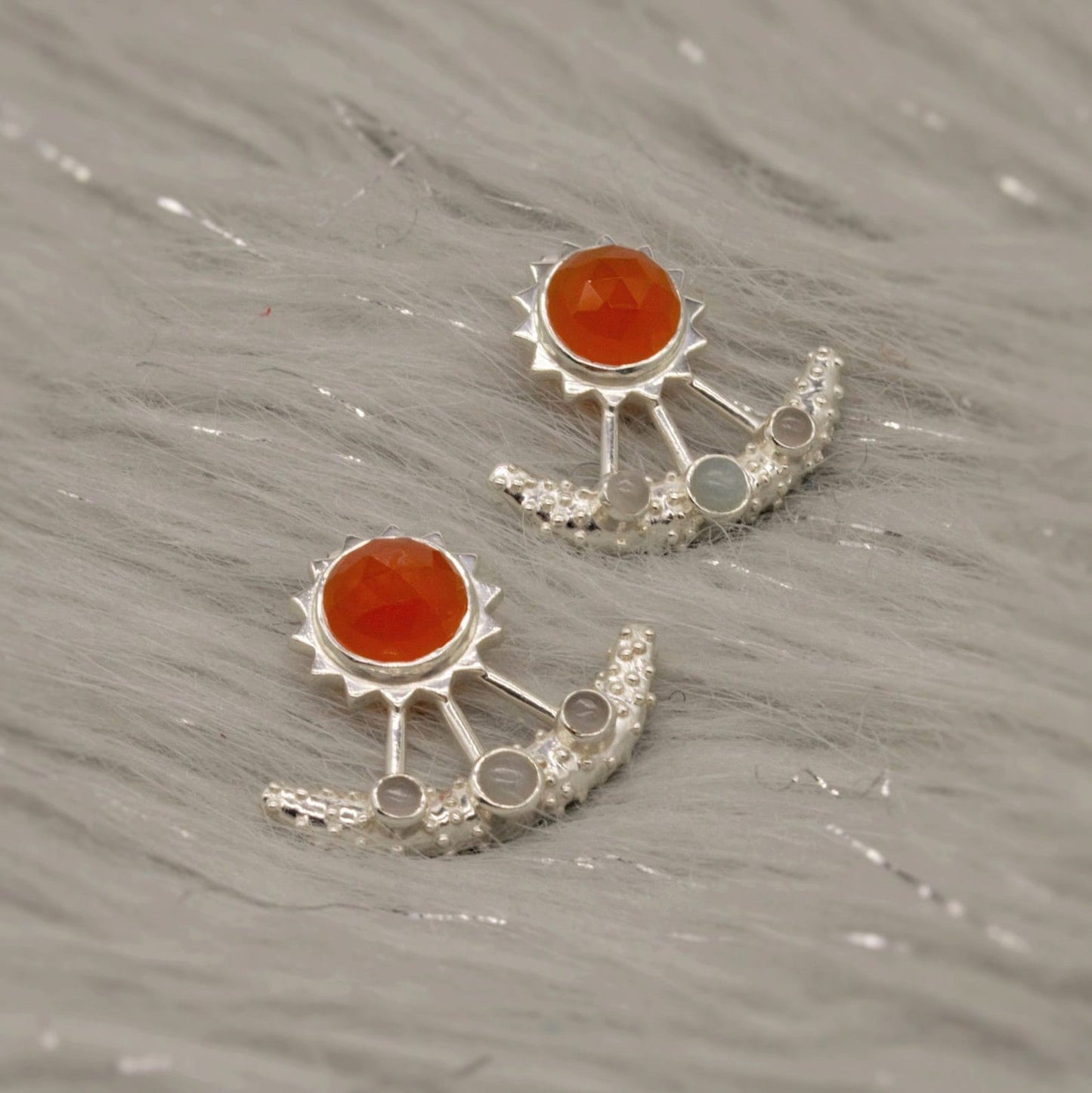 Carnelian and Aquamarine Earrings, Sterling Silver, March Birthstone Jewelry, Aquamarine crystal, Gemstone Earrings, Gift for Her