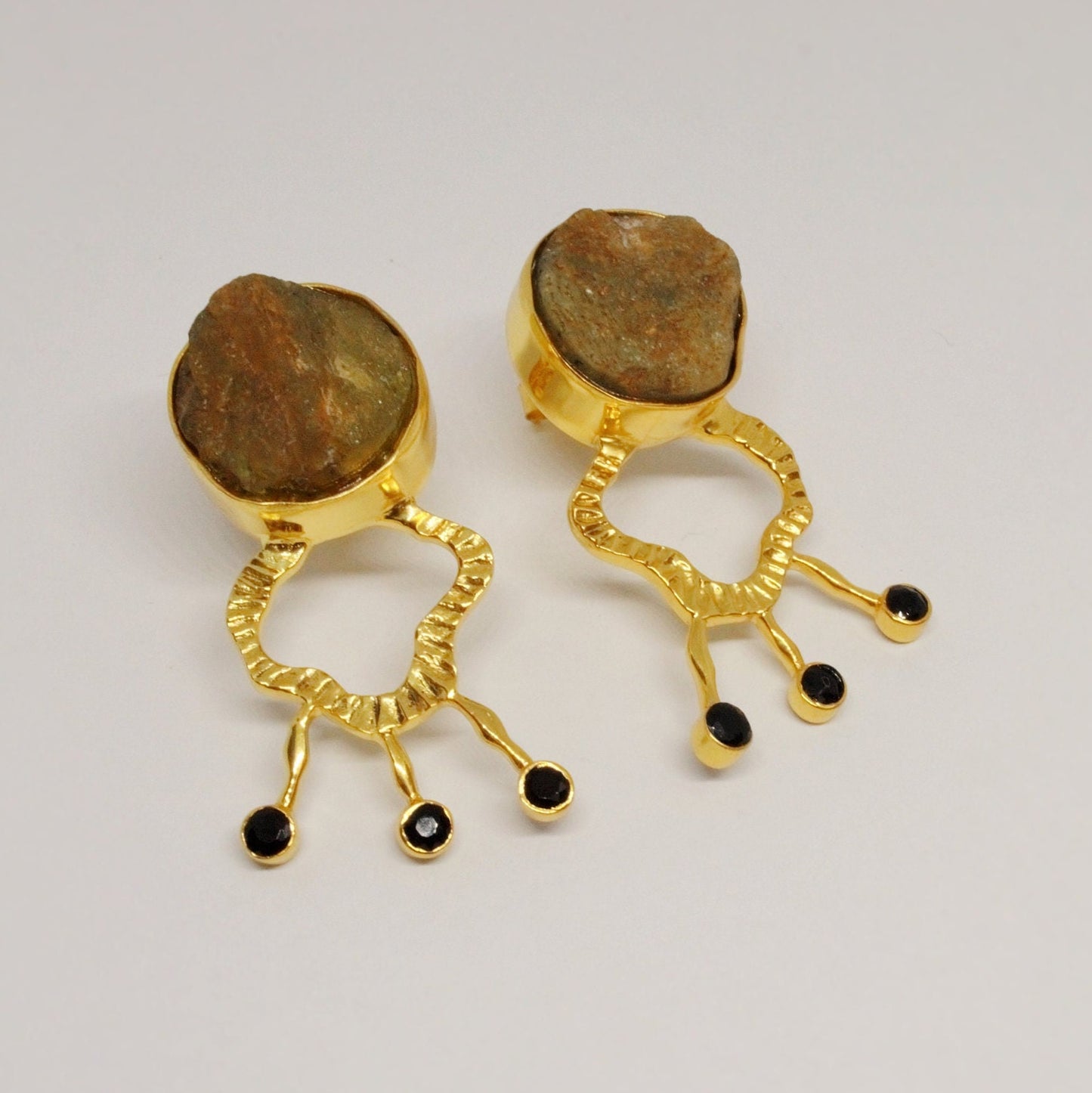 Raw Peridot, Black Onyx Gold Earrings, August Birthstone, Raw Gemstone, Unique Gold Plated Earrings, Statement Earrings, Gifts For Her