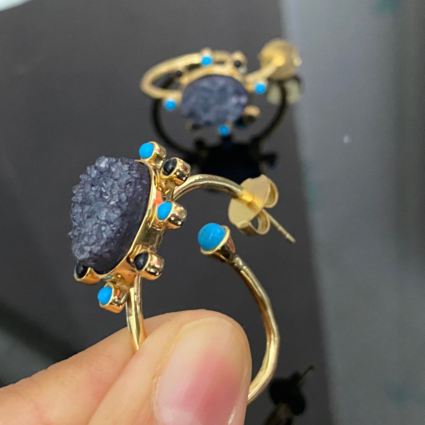 Black Onyx, Agate, Turquoise Gold Earrings, Druzy Earrings, Unique Gemstone Earrings, Birthday Gifts For Women