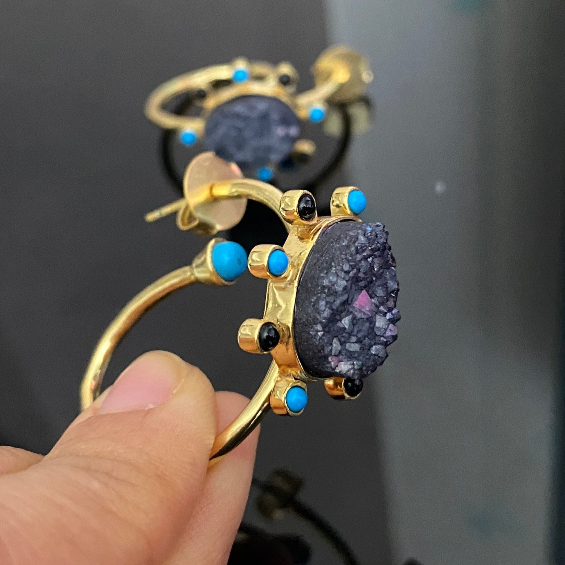 Black Onyx, Agate, Turquoise Gold Earrings, Druzy Earrings, Unique Gemstone Earrings, Birthday Gifts For Women