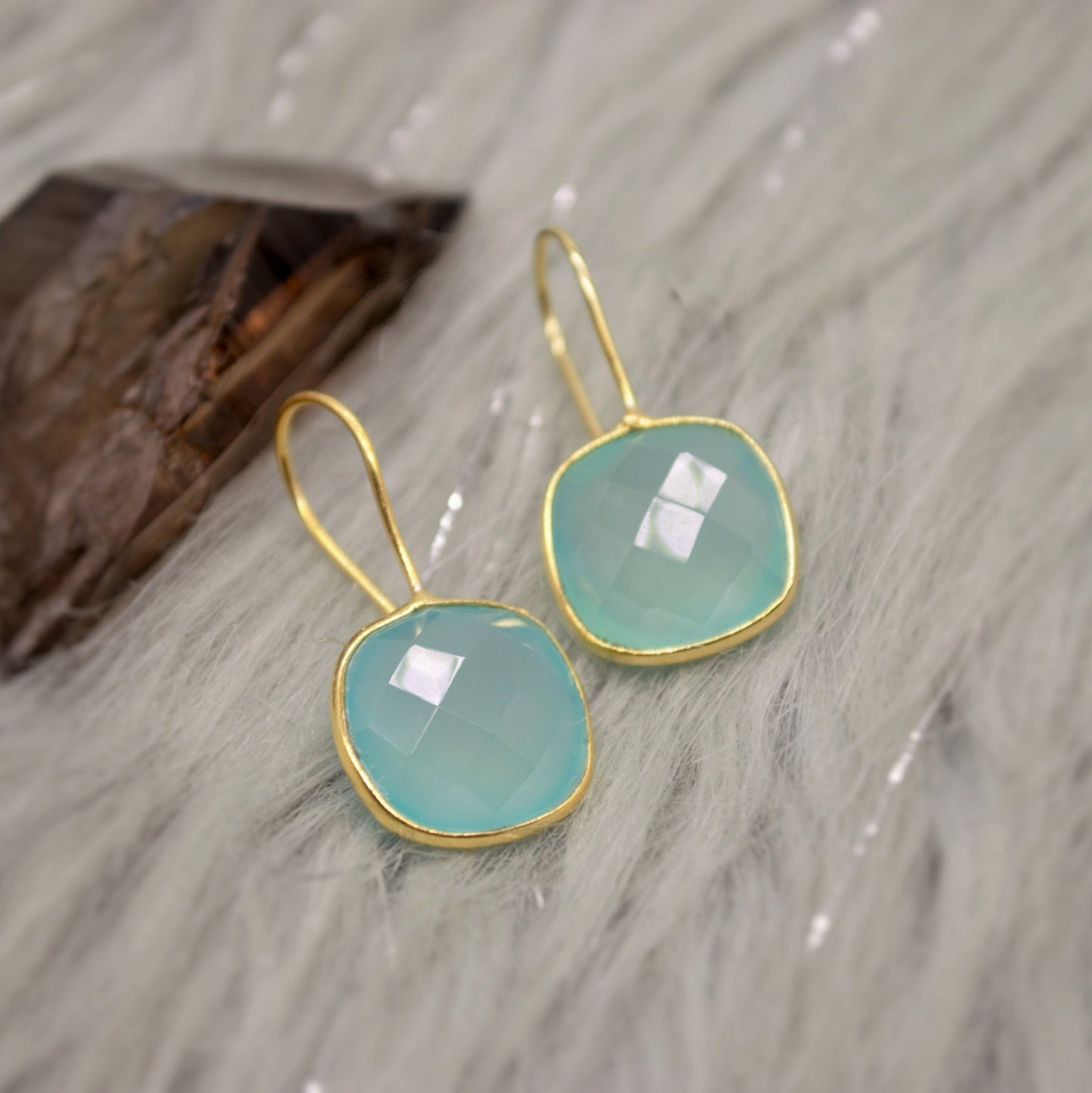 Gold Aqua Chalcedony Earrings, Blue Dangle Earrings, Chalcedony Jewelry, Gold Plated Unique Earrings, Birthday Gift For Her, Bridesmaid Gift