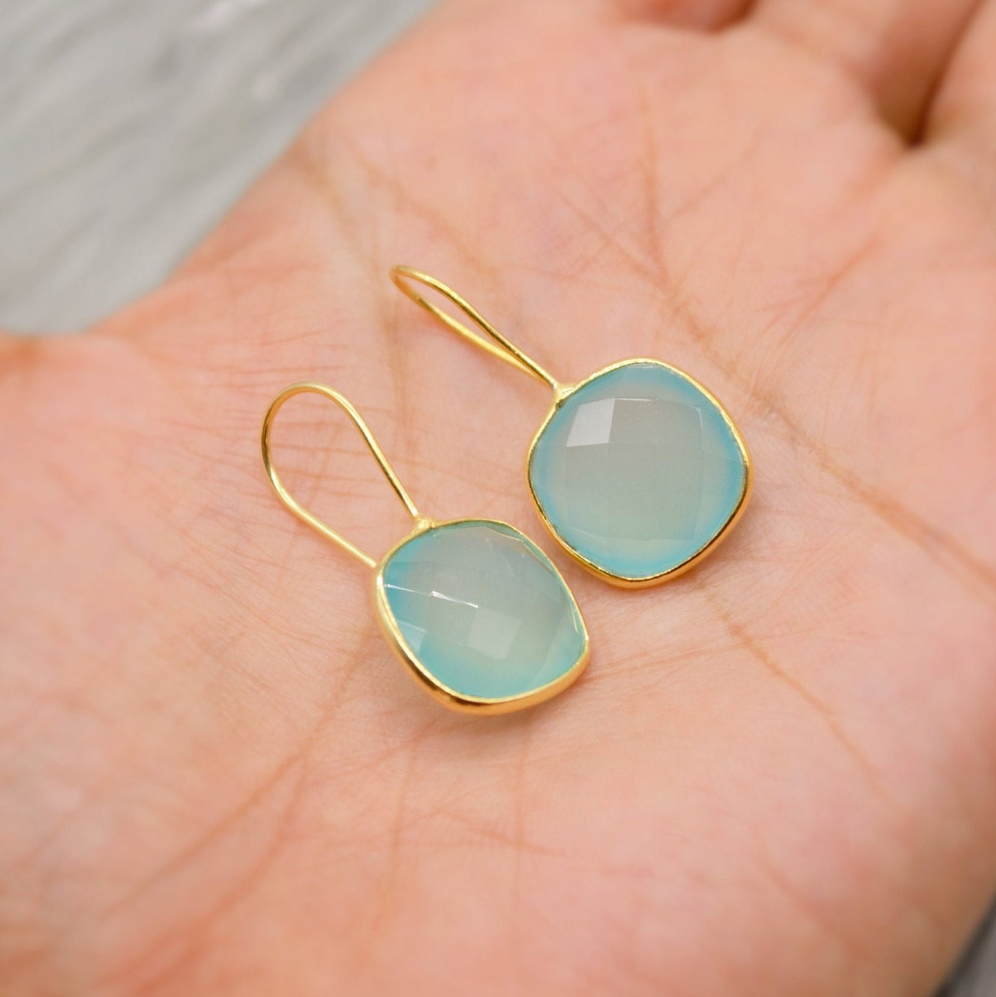 Gold Aqua Chalcedony Earrings, Blue Dangle Earrings, Chalcedony Jewelry, Gold Plated Unique Earrings, Birthday Gift For Her, Bridesmaid Gift