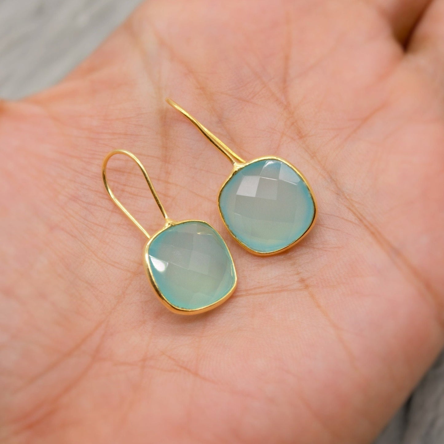 Gold Aqua Chalcedony Earrings, Blue Dangle Earrings, Chalcedony Jewelry, Gold Plated Unique Earrings, Birthday Gift For Her, Bridesmaid Gift