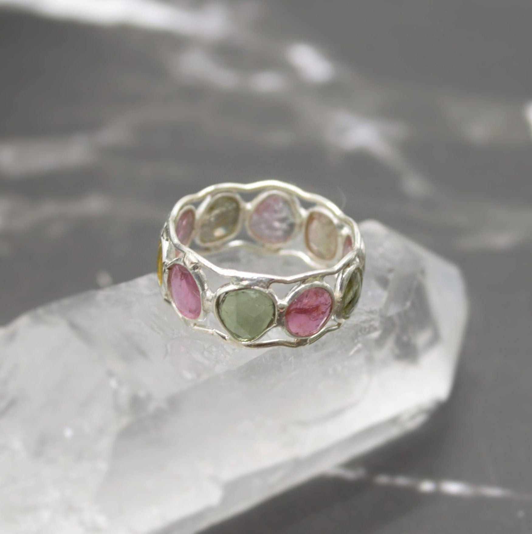 Tourmaline Ring, Stacking Silver Ring, Raw Gem Ring, Green, Pink Tourmaline Jewelry, Rings for Women, October Birthstone, Gift for Her