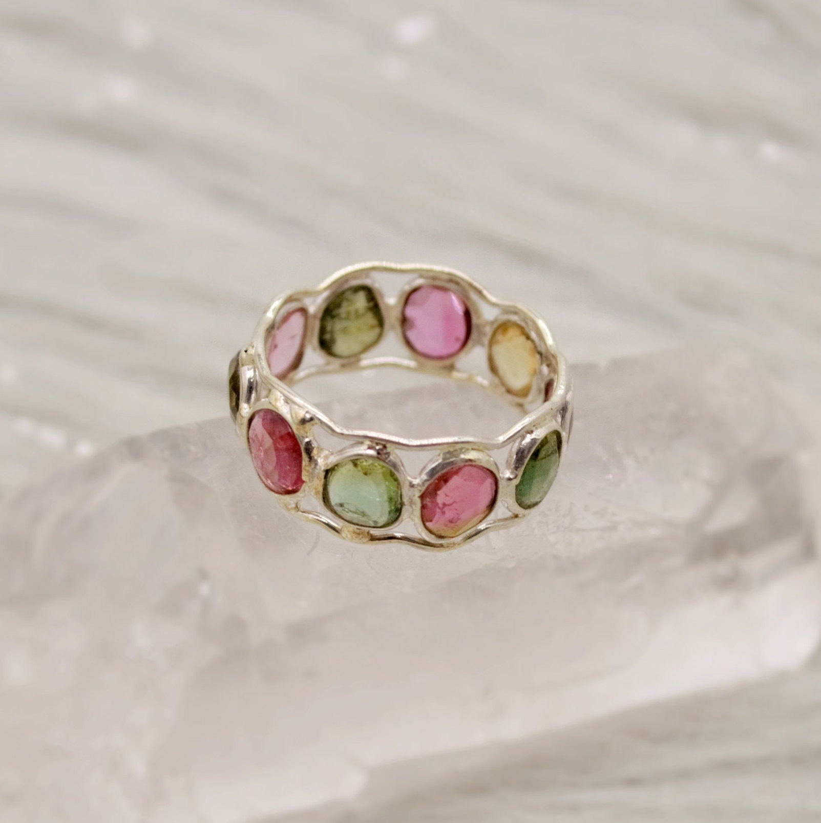 Tourmaline Ring, Stacking Silver Ring, Raw Gem Ring, Green, Pink Tourmaline Jewelry, Rings for Women, October Birthstone, Gift for Her