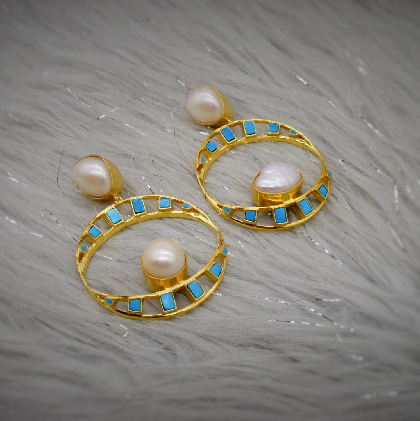 Pearl, Turquoise Earrings, June, December Birthstone, Gemstone Dangle Earrings, Jhumka Earrings, Gold Plated Sterling Silver Earrings