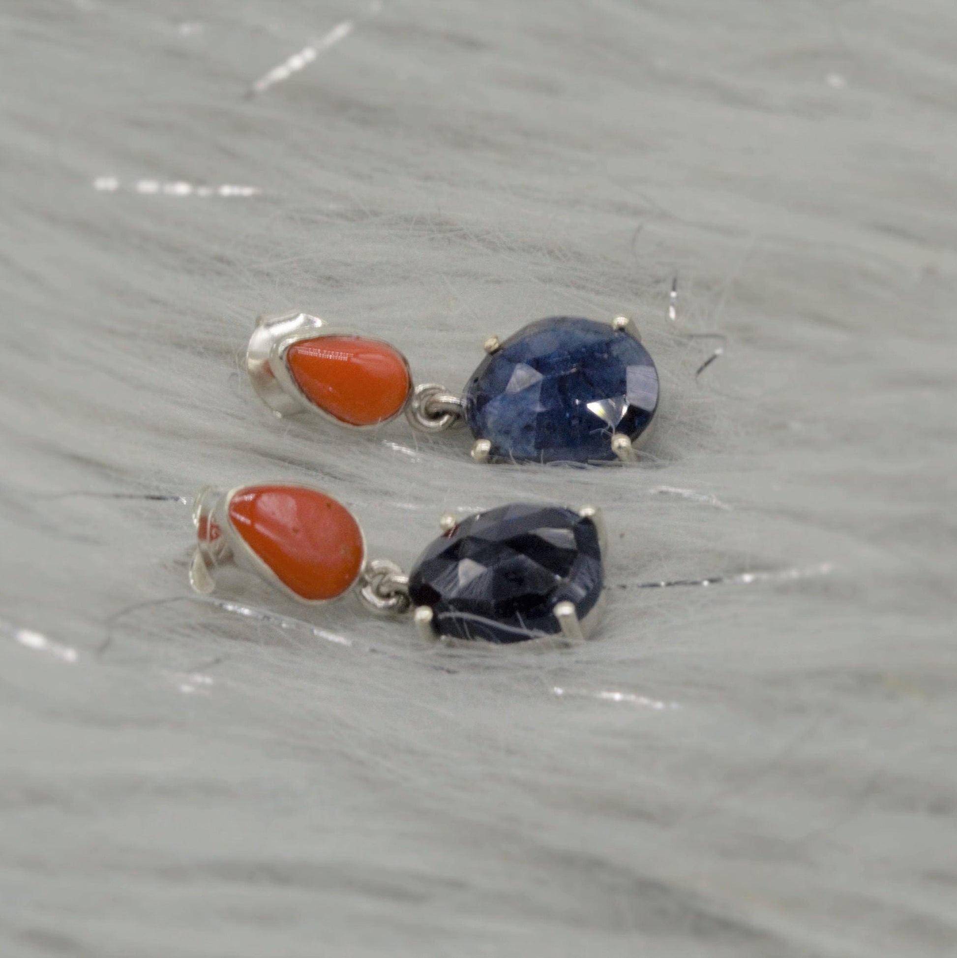 Raw Blue Sapphire, Coral Silver Earrings, Sterling Silver, September Birthstone Jewelry, Gemstone Drop Earrings, Birthday Gifts For Her