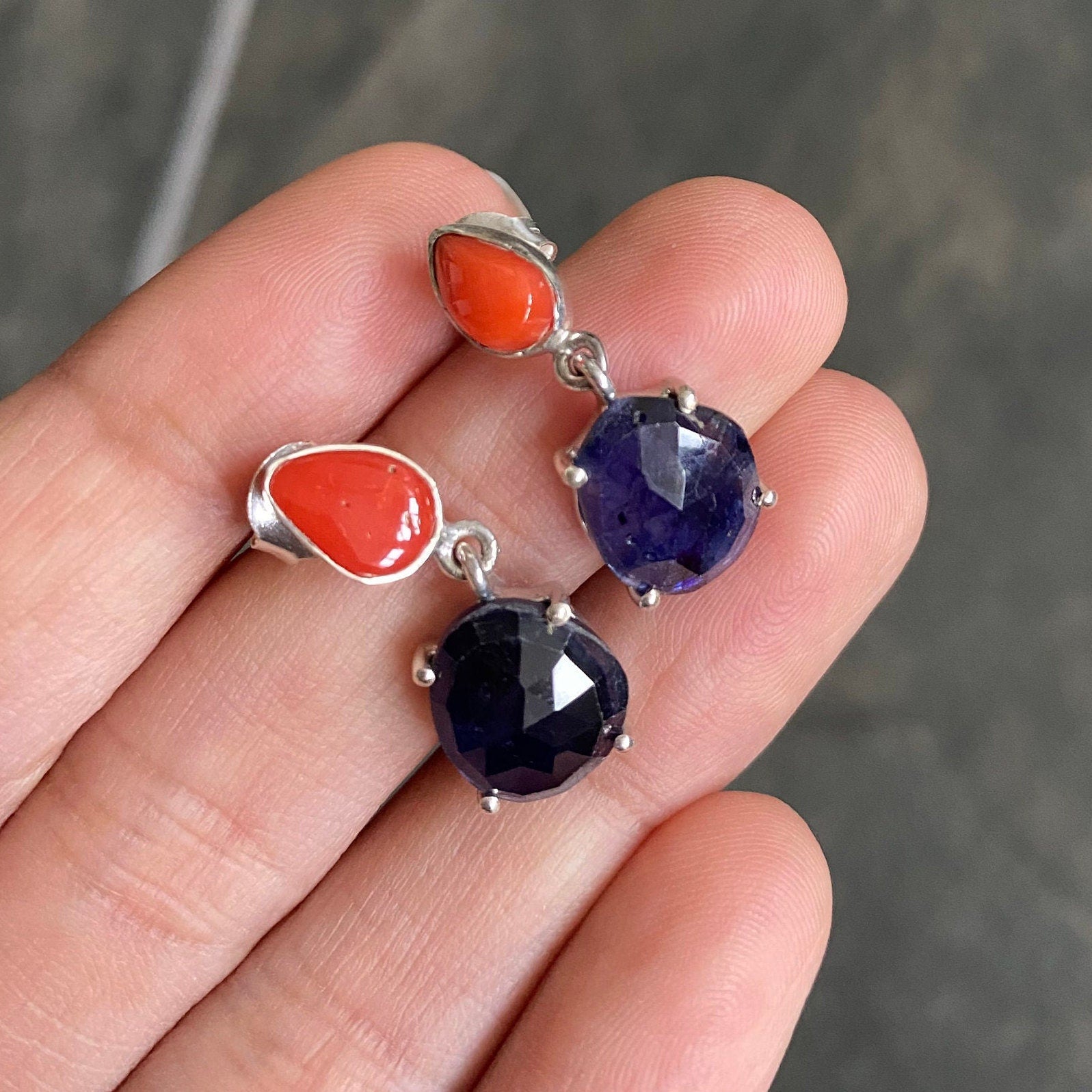 Raw Blue Sapphire, Coral Silver Earrings, Sterling Silver, September Birthstone Jewelry, Gemstone Drop Earrings, Birthday Gifts For Her