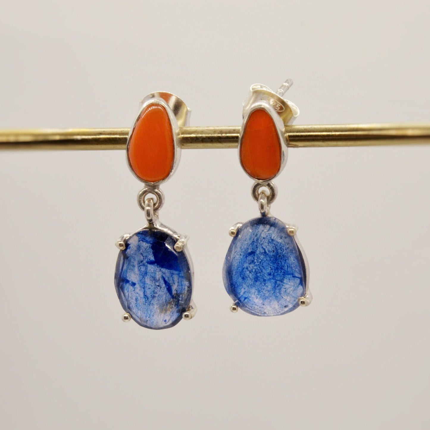 Raw Blue Sapphire, Coral Silver Earrings, Sterling Silver, September Birthstone Jewelry, Gemstone Drop Earrings, Birthday Gifts For Her