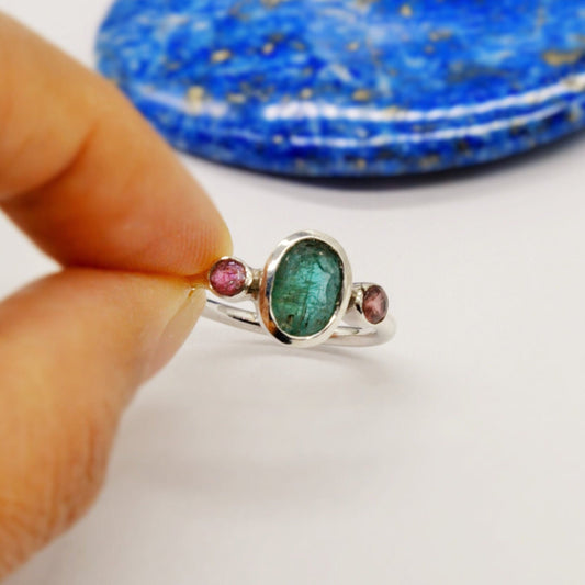 Emerald, Pink Tourmaline Ring, 925 Sterling Silver, Green Gemstone, May, October Birthstone, Dainty Gem Ring, Birthday Gift For Her