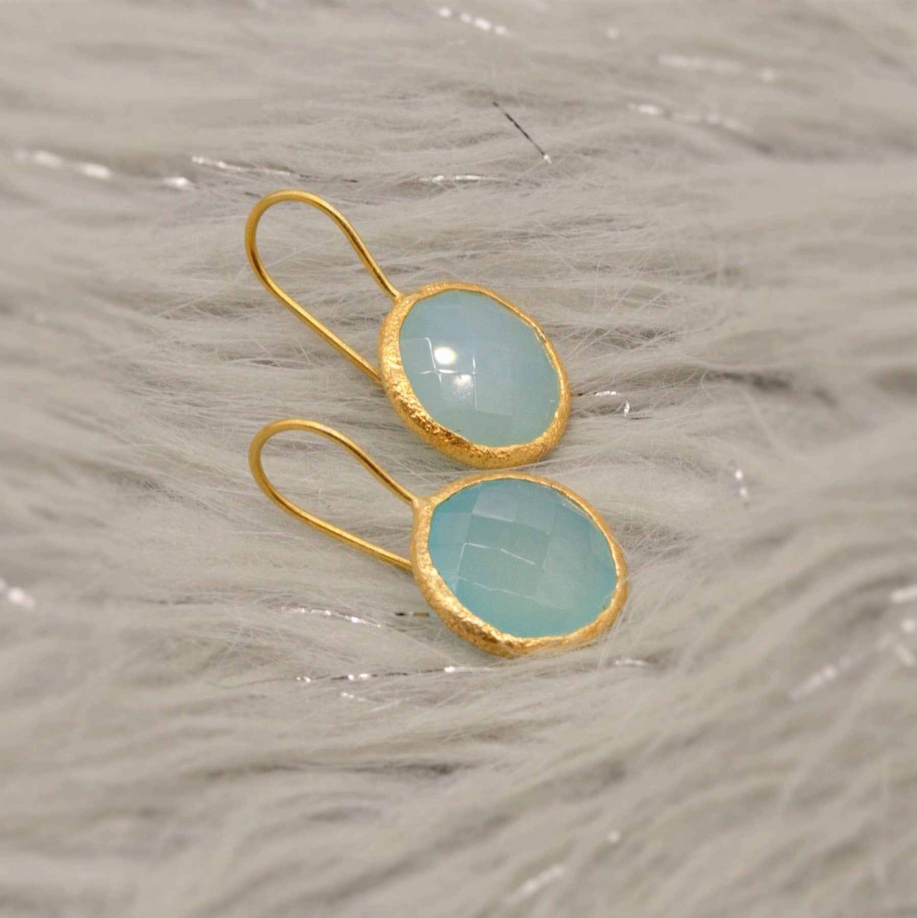 Gold Aqua Chalcedony Earrings, Blue Dangle Earrings, Chalcedony Jewelry, Gold Plated Unique Earrings, Birthday Gift For Her, Bridesmaid Gift