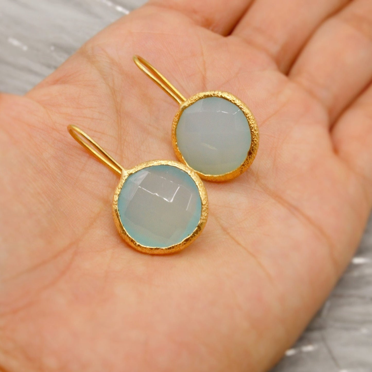 Gold Aqua Chalcedony Earrings, Blue Dangle Earrings, Chalcedony Jewelry, Gold Plated Unique Earrings, Birthday Gift For Her, Bridesmaid Gift