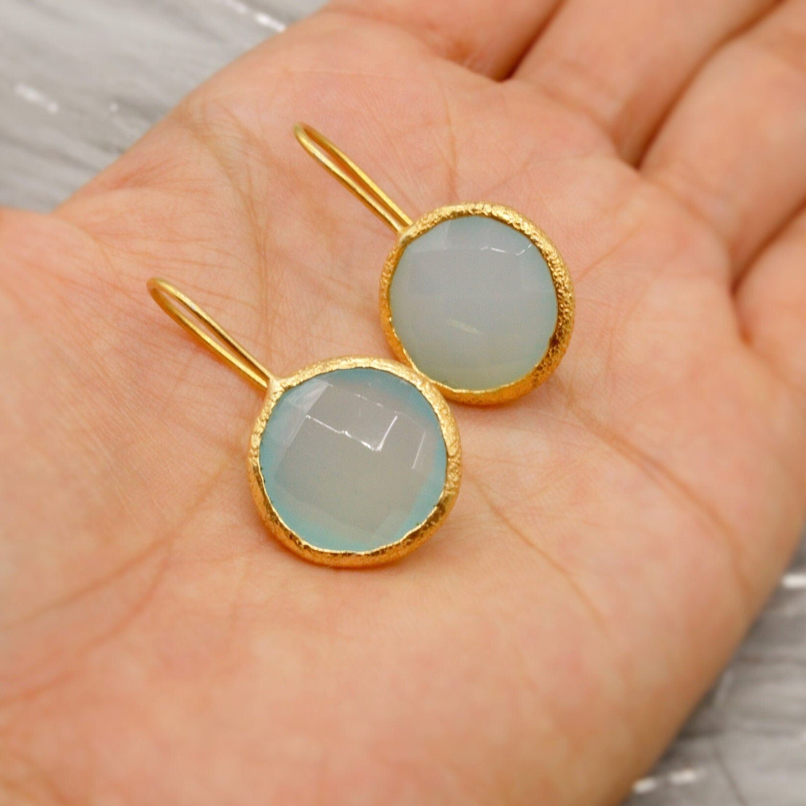 Gold Aqua Chalcedony Earrings, Blue Dangle Earrings, Chalcedony Jewelry, Gold Plated Unique Earrings, Birthday Gift For Her, Bridesmaid Gift