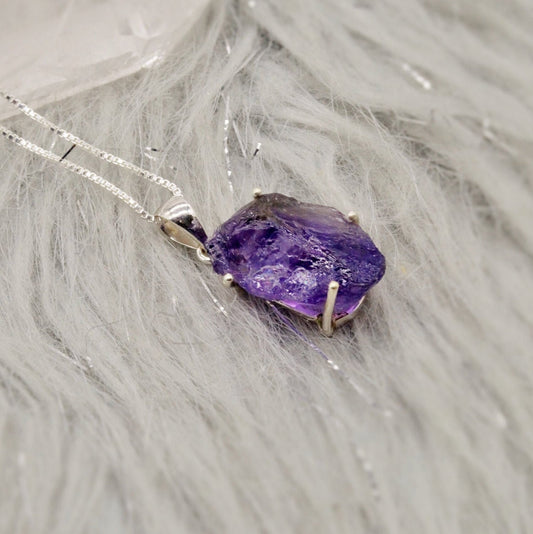 Raw Amethyst Chain Pendant Necklace, Rough Cut Amethyst Necklace, February Birthstone, Raw Gemstone, Sterling Silver, Birthday Gifts For Her