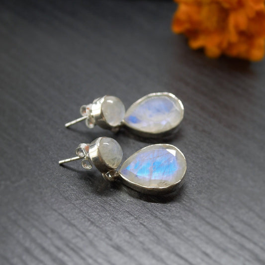 Rainbow Moonstone Sterling Silver Earrings, Moonstone Jewelry, Unique Gemstone Dangle Drop Earrings, Dainty Earrings, Gift For Her