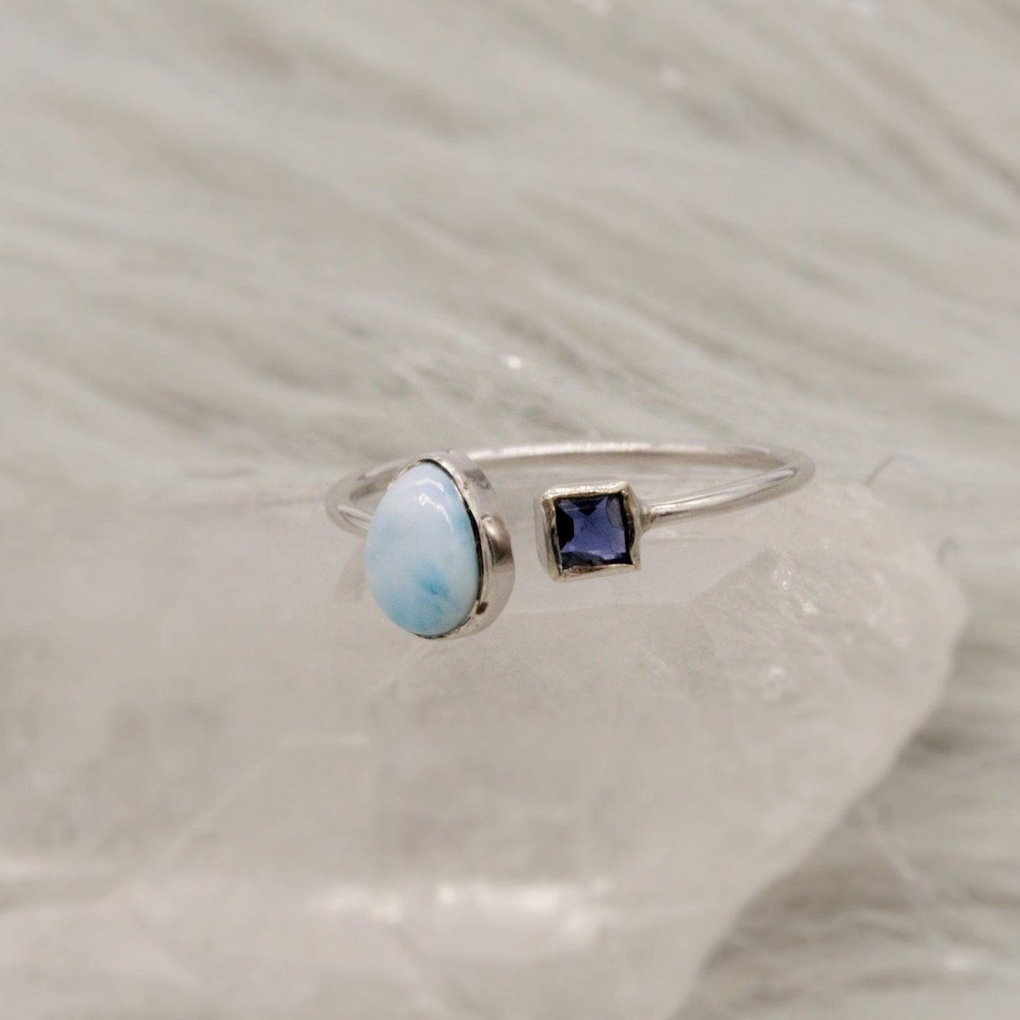 Blue Larimar, Iolite Sterling Silver Ring, Dainty Ring, Open Ring, Gemstone Ring, Rings for Women, Birthday Gift For Her, Mom Gift