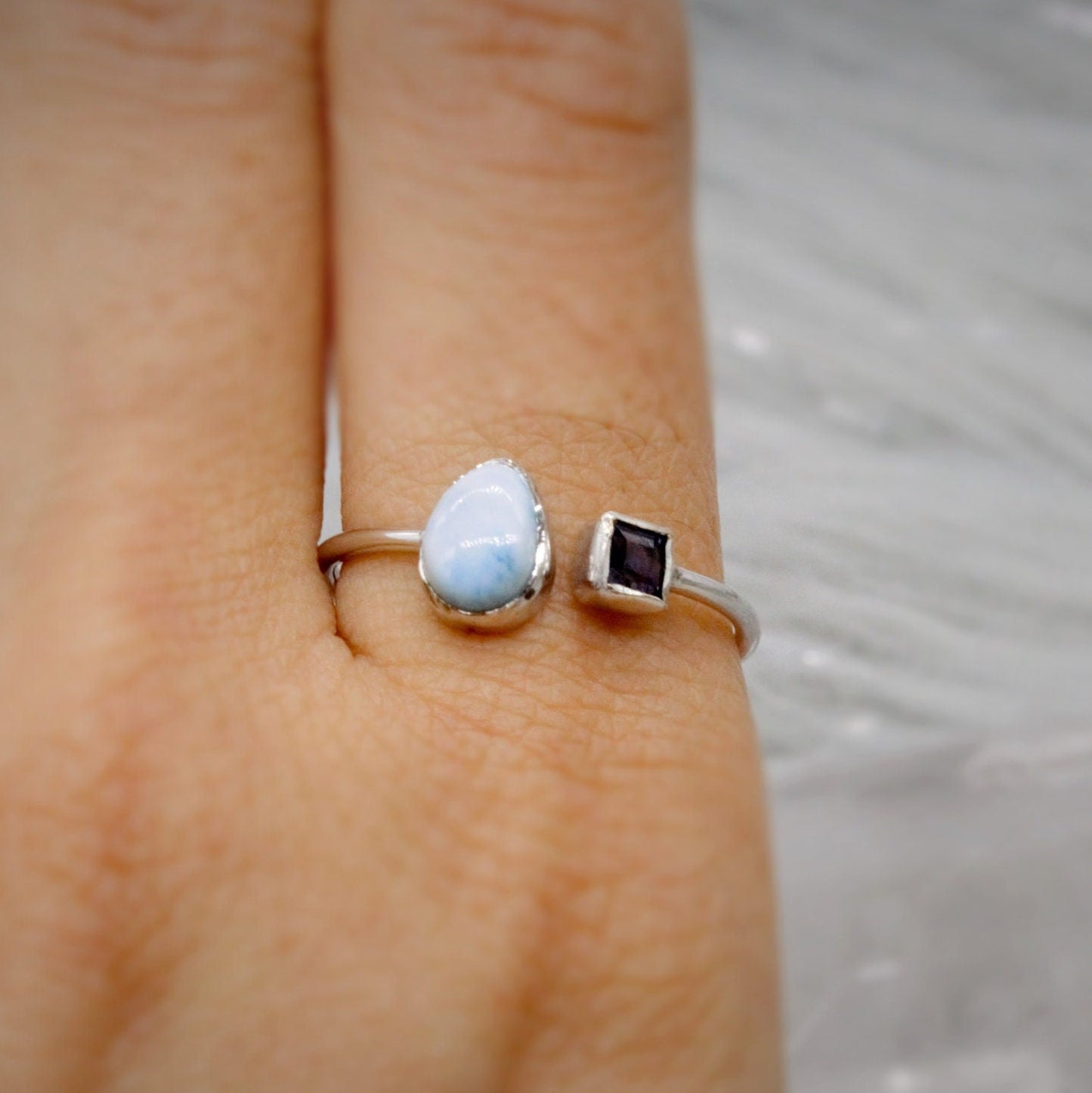 Blue Larimar, Iolite Sterling Silver Ring, Dainty Ring, Open Ring, Gemstone Ring, Rings for Women, Birthday Gift For Her, Mom Gift