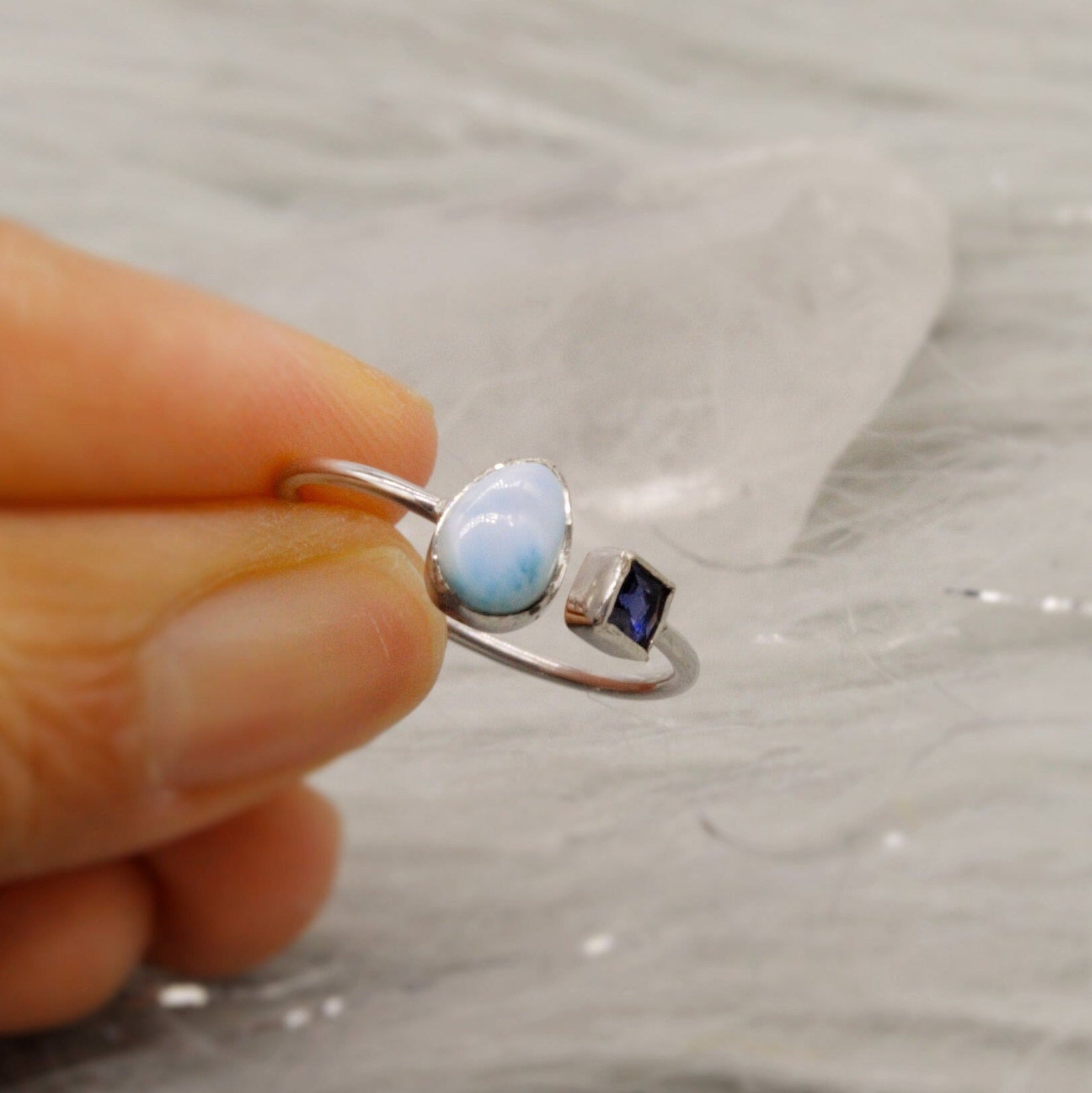 Blue Larimar, Iolite Sterling Silver Ring, Dainty Ring, Open Ring, Gemstone Ring, Rings for Women, Birthday Gift For Her, Mom Gift