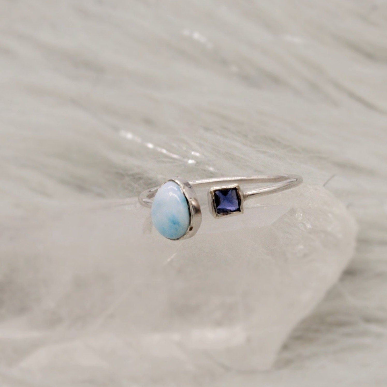 Blue Larimar, Iolite Sterling Silver Ring, Dainty Ring, Open Ring, Gemstone Ring, Rings for Women, Birthday Gift For Her, Mom Gift