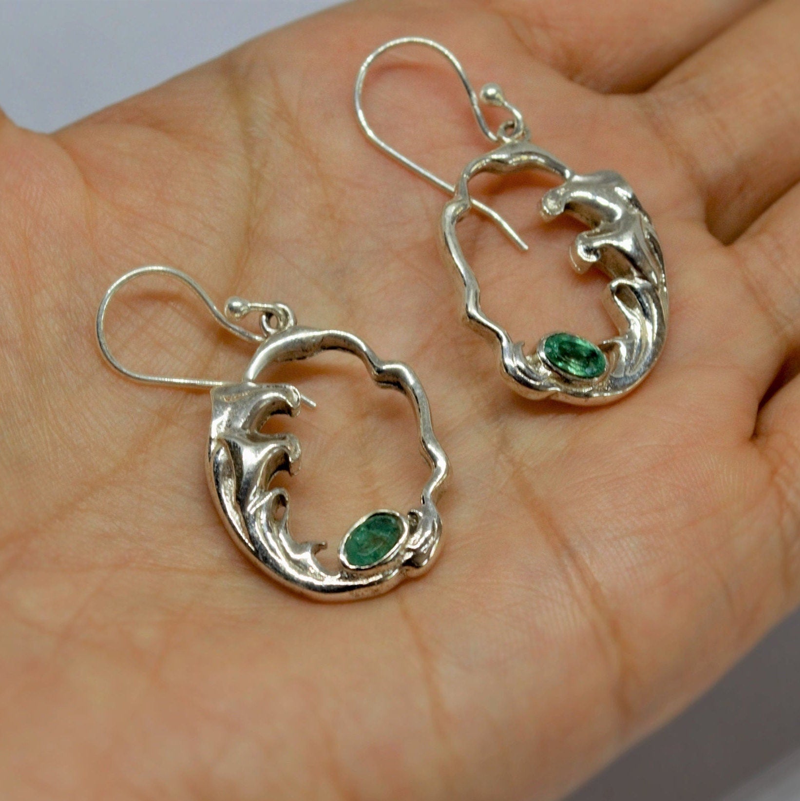 Emerald Sterling Silver Earrings, May Birthstone Jewelry, Unique Gemstone Dangle Earrings, Statement Earrings, Gift For Her