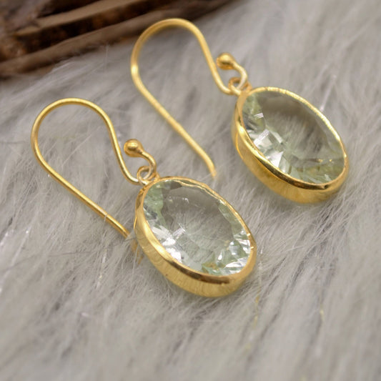 Green Amethyst Gold Earrings, Gold Plated Sterling Silver, February Birthstone Jewelry, Dangle Drop Earrings, Gemstone Dangle, Birthday Gift