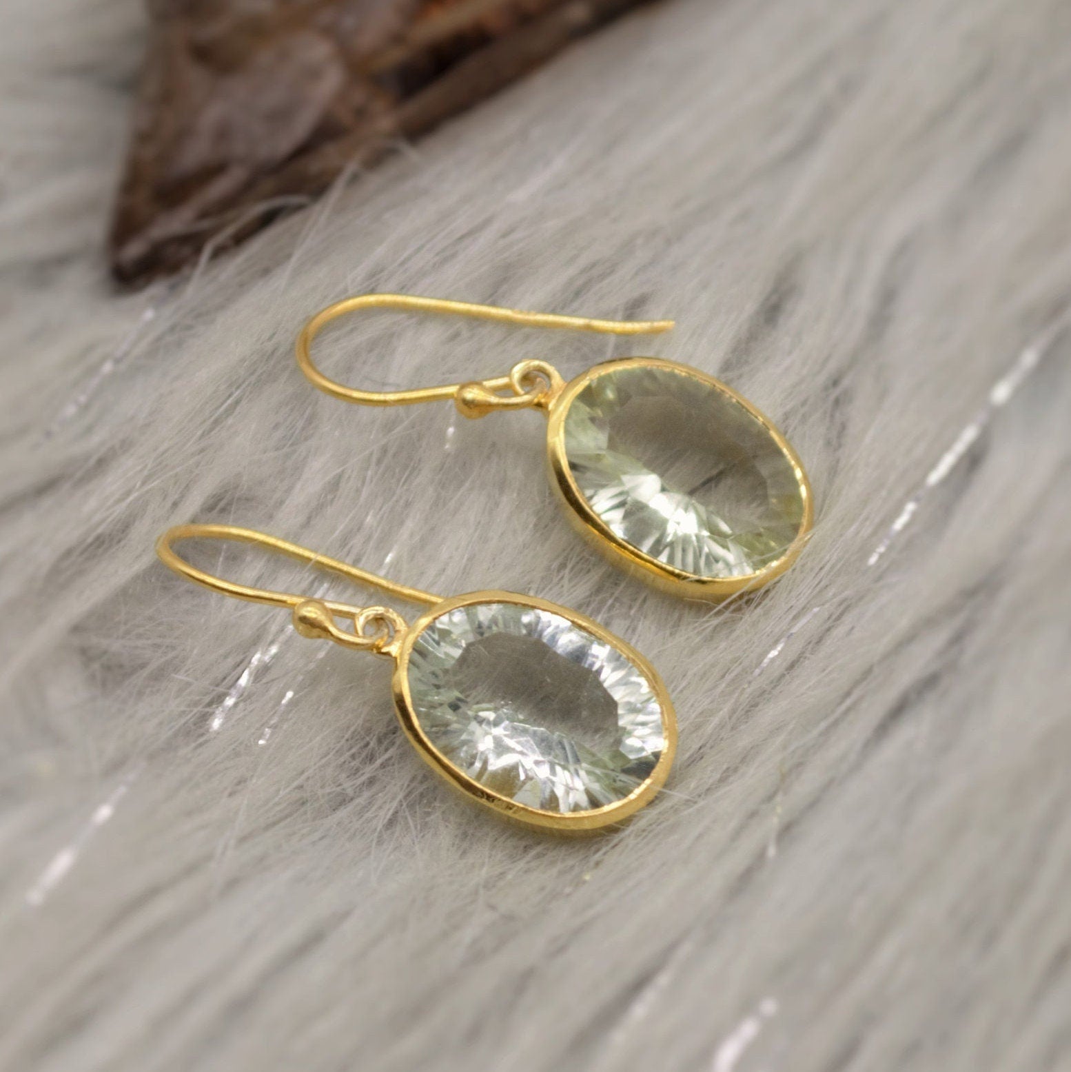 Green Amethyst Gold Earrings, Gold Plated Sterling Silver, February Birthstone Jewelry, Dangle Drop Earrings, Gemstone Dangle, Birthday Gift