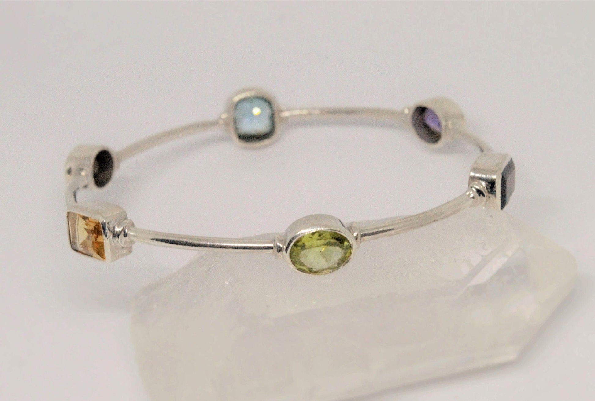 Multi Coloured Stones Bangle, Blue Topaz, Amethyst, Citrine Bracelet, Sterling Silver Bangle, Birthstone Bracelet Gift