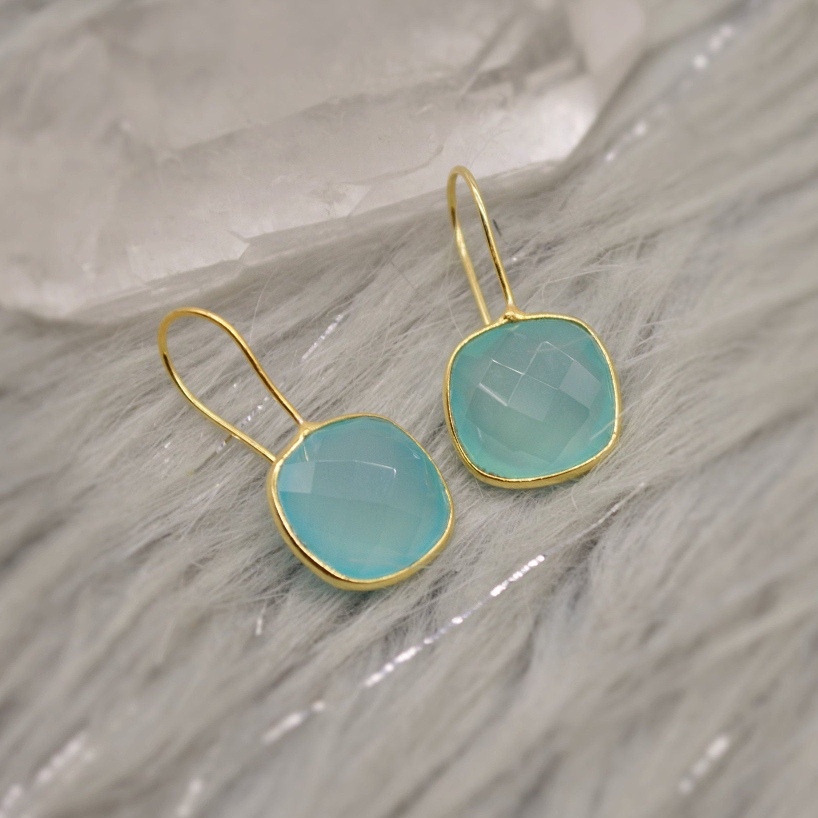 Gold Aqua Chalcedony Earrings, Blue Dangle Earrings, Chalcedony Jewelry, Gold Plated Unique Earrings, Birthday Gift For Her, Bridesmaid Gift