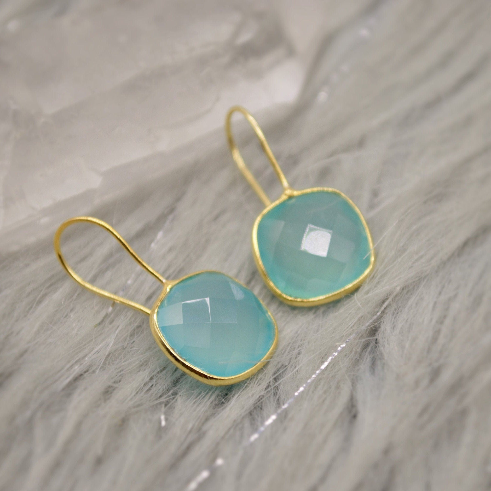 Gold Aqua Chalcedony Earrings, Blue Dangle Earrings, Chalcedony Jewelry, Gold Plated Unique Earrings, Birthday Gift For Her, Bridesmaid Gift