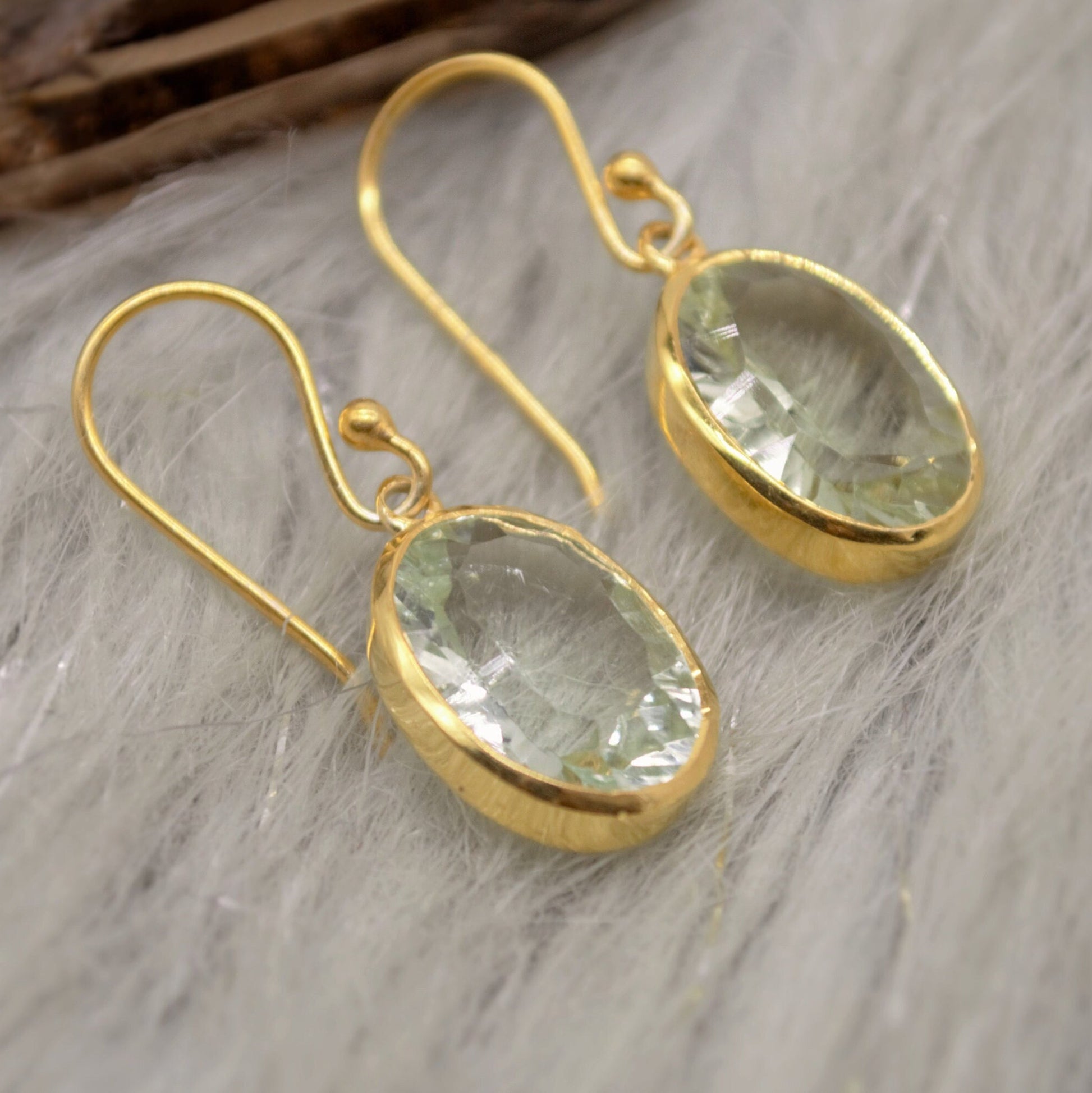 Green Amethyst Gold Earrings, Gold Plated Sterling Silver, February Birthstone Jewelry, Dangle Drop Earrings, Gemstone Dangle, Birthday Gift