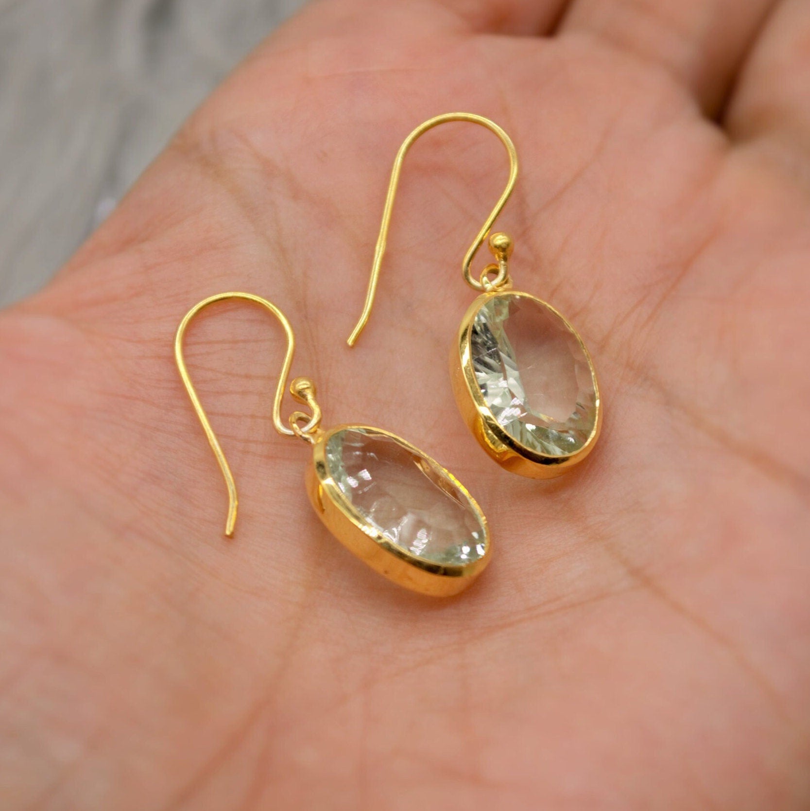 Green Amethyst Gold Earrings, Gold Plated Sterling Silver, February Birthstone Jewelry, Dangle Drop Earrings, Gemstone Dangle, Birthday Gift