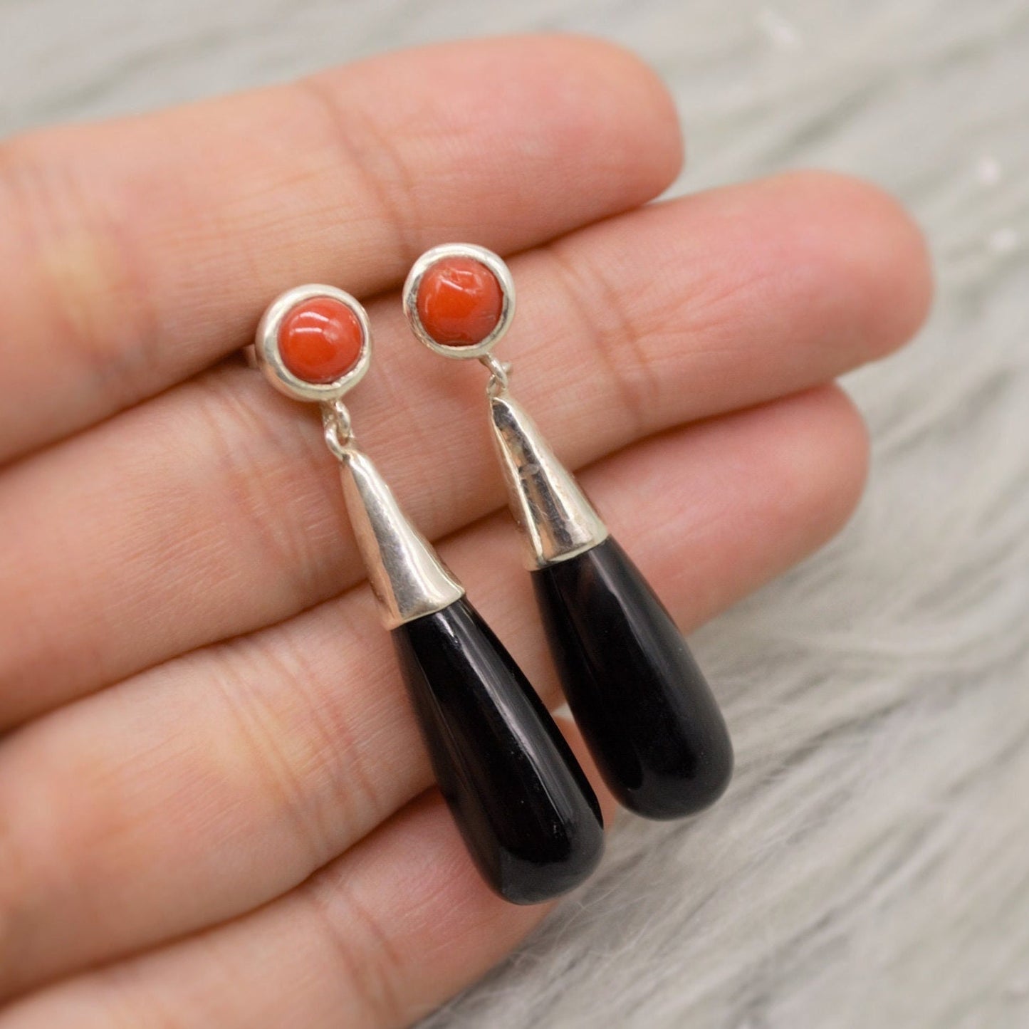 Black Onyx, Red Coral Silver Earrings, Sterling Silver, Red Coral Jewelry, Cute Gemstone Dangle Drop Earrings, Gift For Her