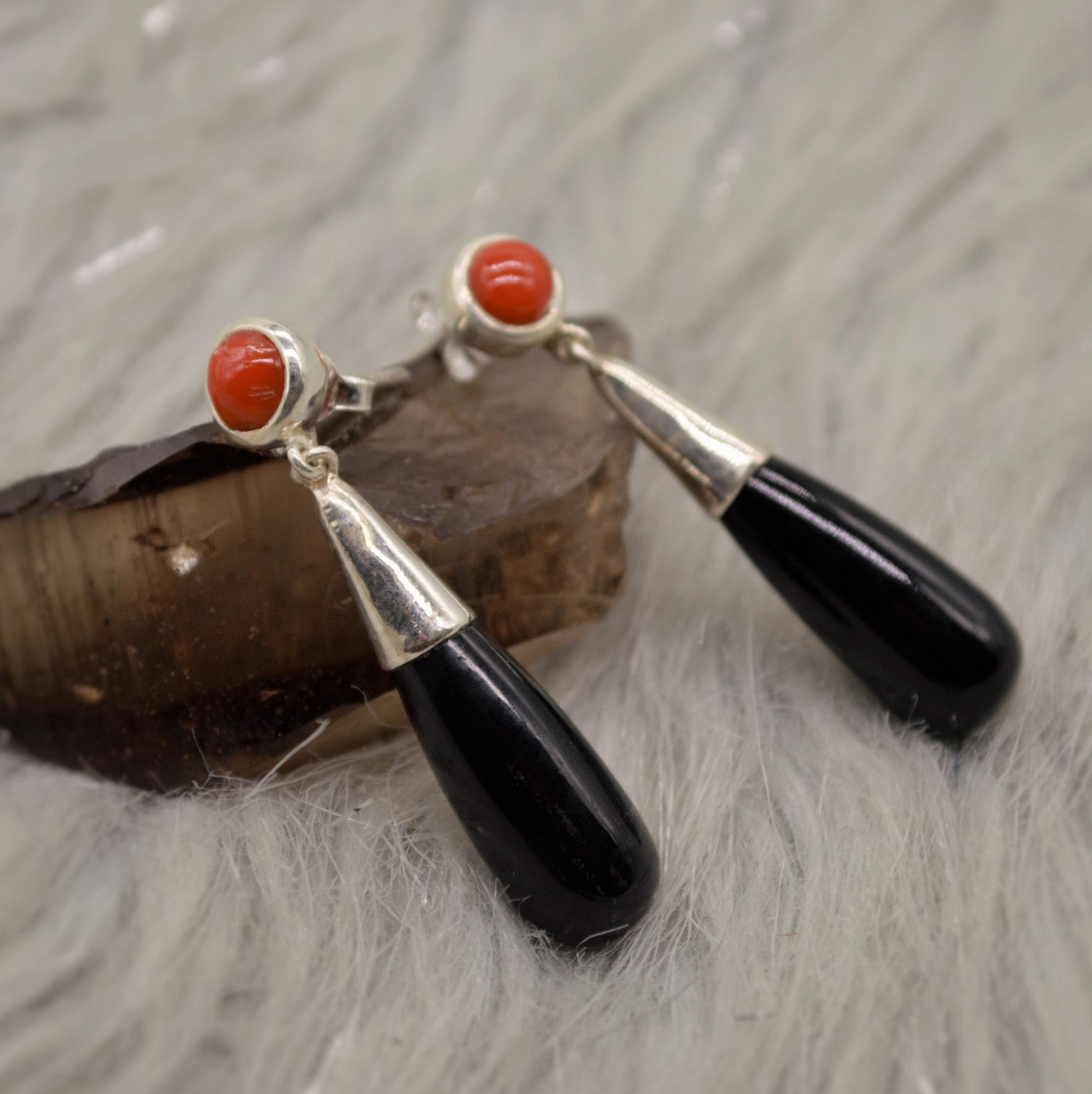 Black Onyx, Red Coral Silver Earrings, Sterling Silver, Red Coral Jewelry, Cute Gemstone Dangle Drop Earrings, Gift For Her