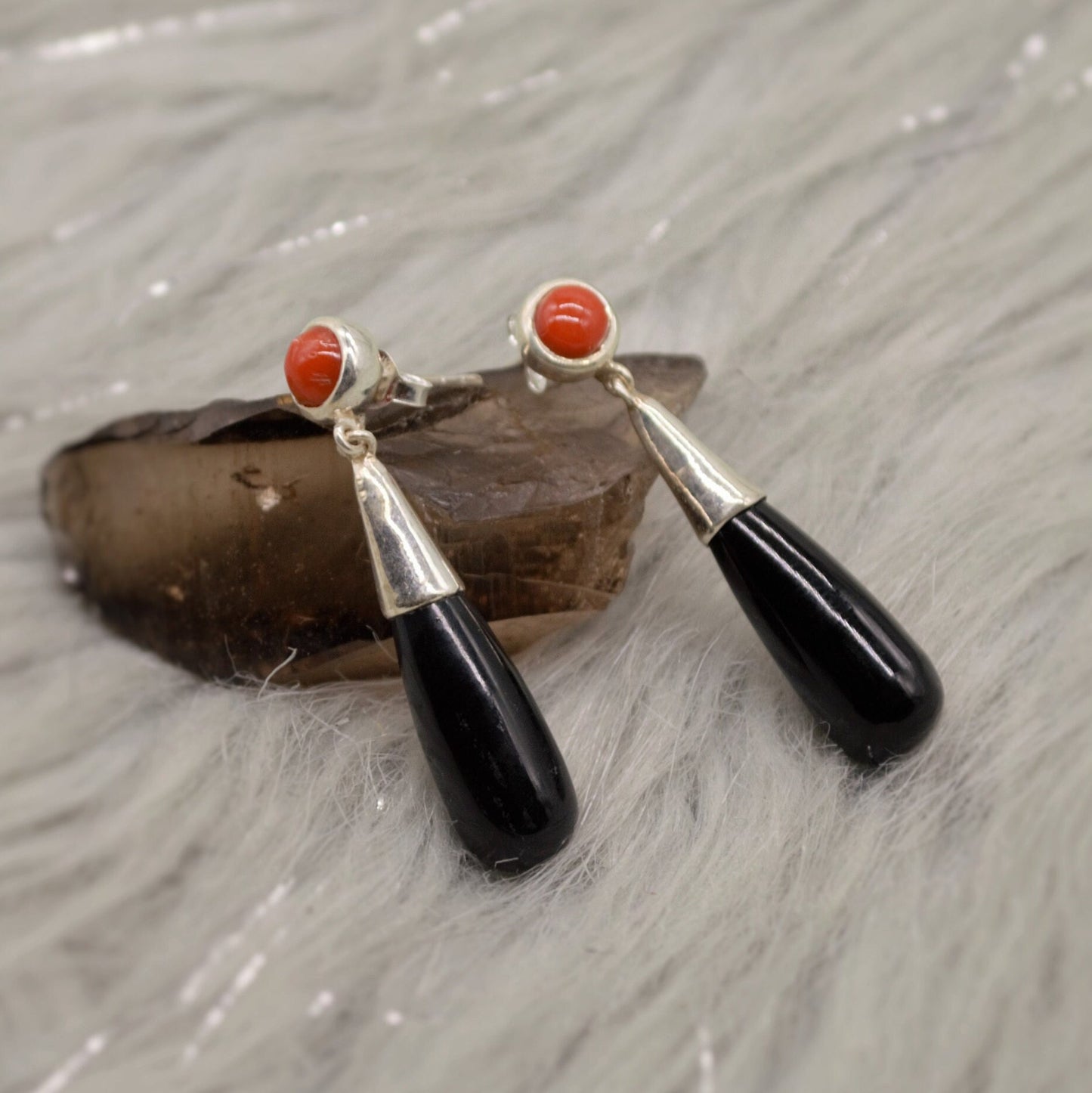 Black Onyx, Red Coral Silver Earrings, Sterling Silver, Red Coral Jewelry, Cute Gemstone Dangle Drop Earrings, Gift For Her