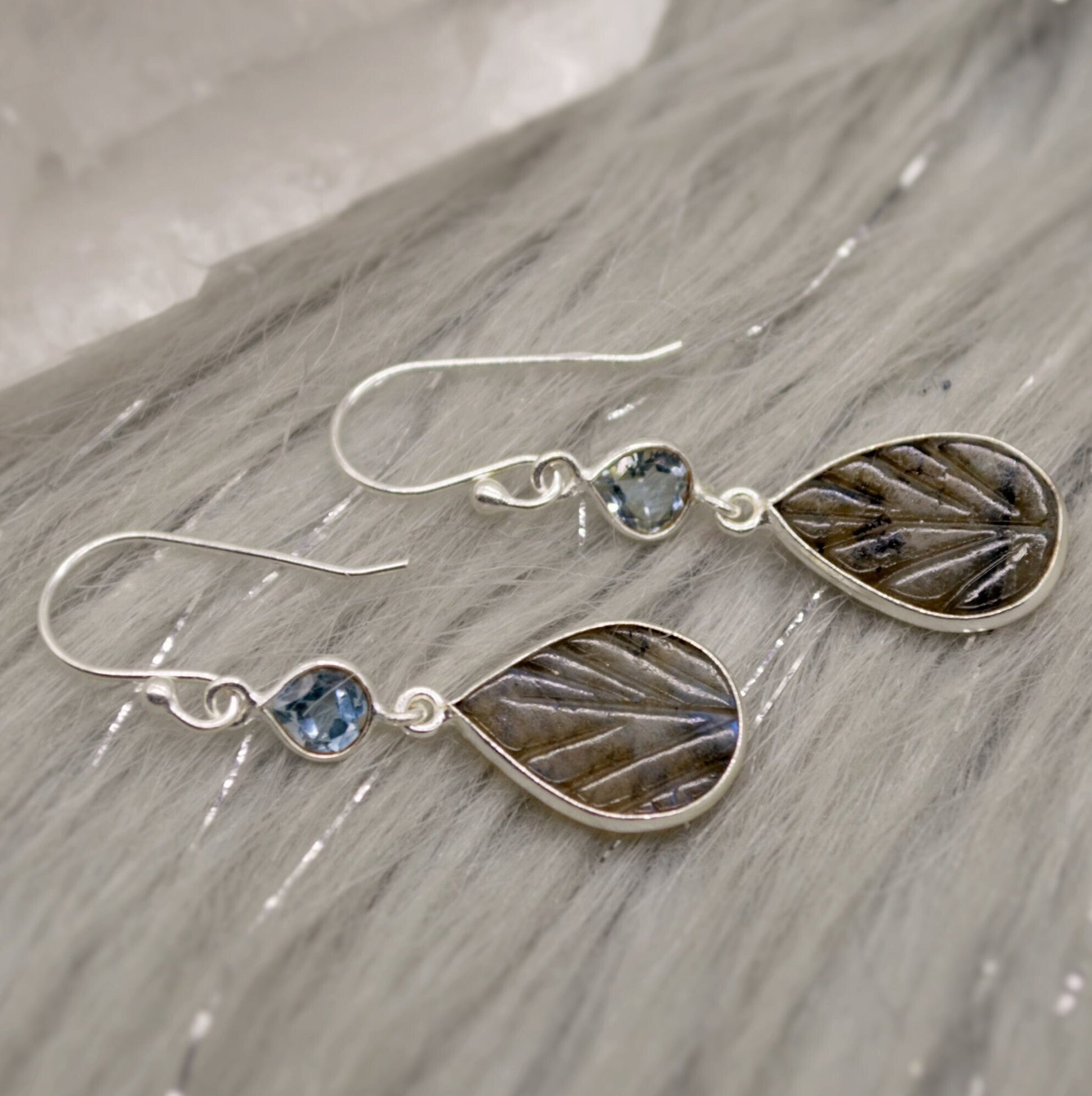 Labradorite, Blue Topaz Drop Earrings, Dangle Gemstone Earrings, Unique Sterling Silver Earrings, December Birthstone, Gift For Her