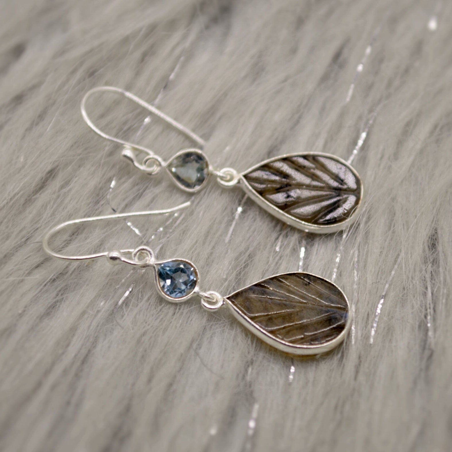 Labradorite, Blue Topaz Drop Earrings, Dangle Gemstone Earrings, Unique Sterling Silver Earrings, December Birthstone, Gift For Her