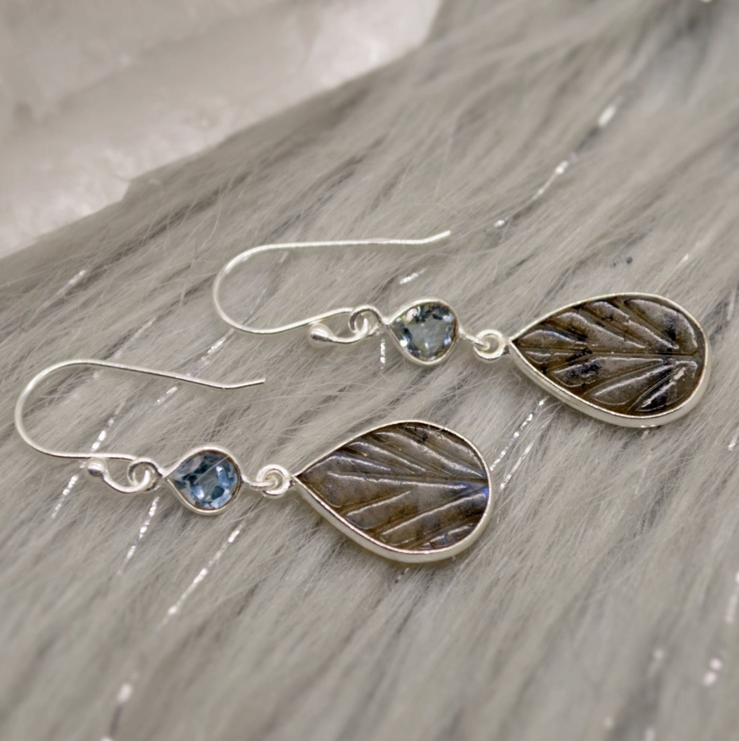 Labradorite, Blue Topaz Drop Earrings, Dangle Gemstone Earrings, Unique Sterling Silver Earrings, December Birthstone, Gift For Her