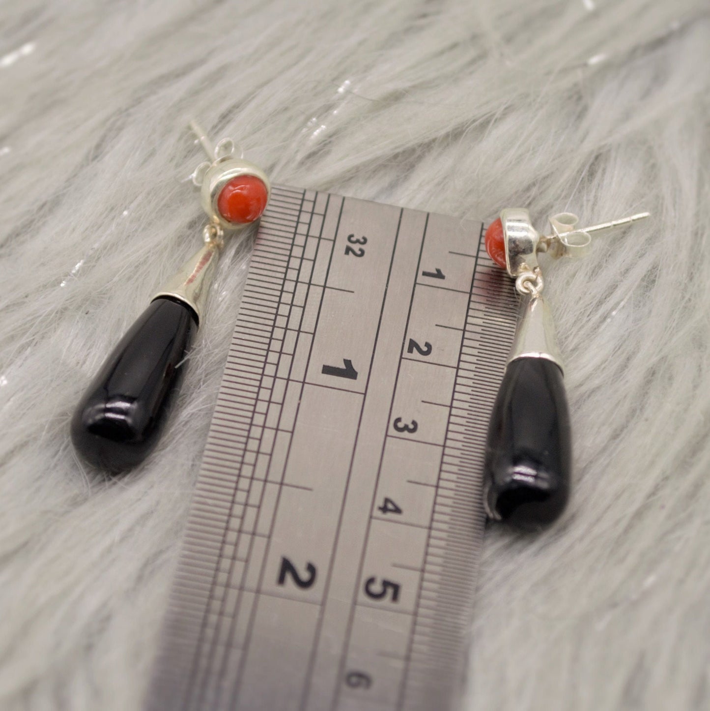 Black Onyx, Red Coral Silver Earrings, Sterling Silver, Red Coral Jewelry, Cute Gemstone Dangle Drop Earrings, Gift For Her