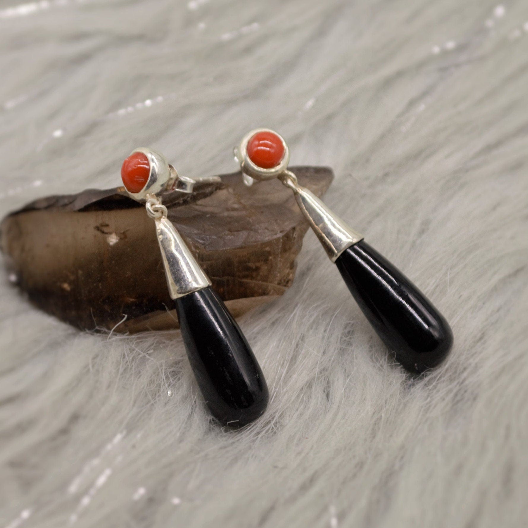 Black Onyx, Red Coral Silver Earrings, Sterling Silver, Red Coral Jewelry, Cute Gemstone Dangle Drop Earrings, Gift For Her