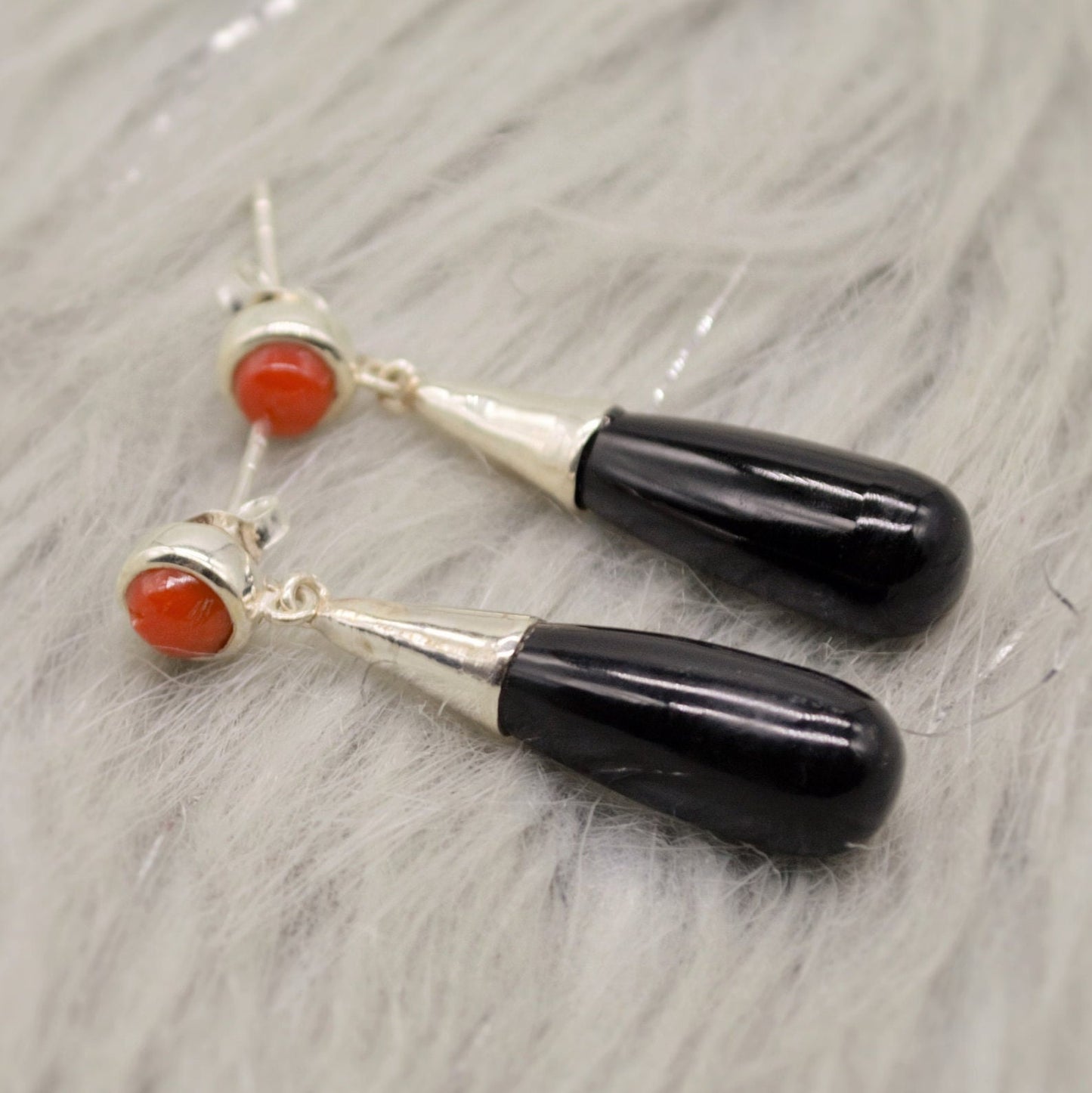 Black Onyx, Red Coral Silver Earrings, Sterling Silver, Red Coral Jewelry, Cute Gemstone Dangle Drop Earrings, Gift For Her