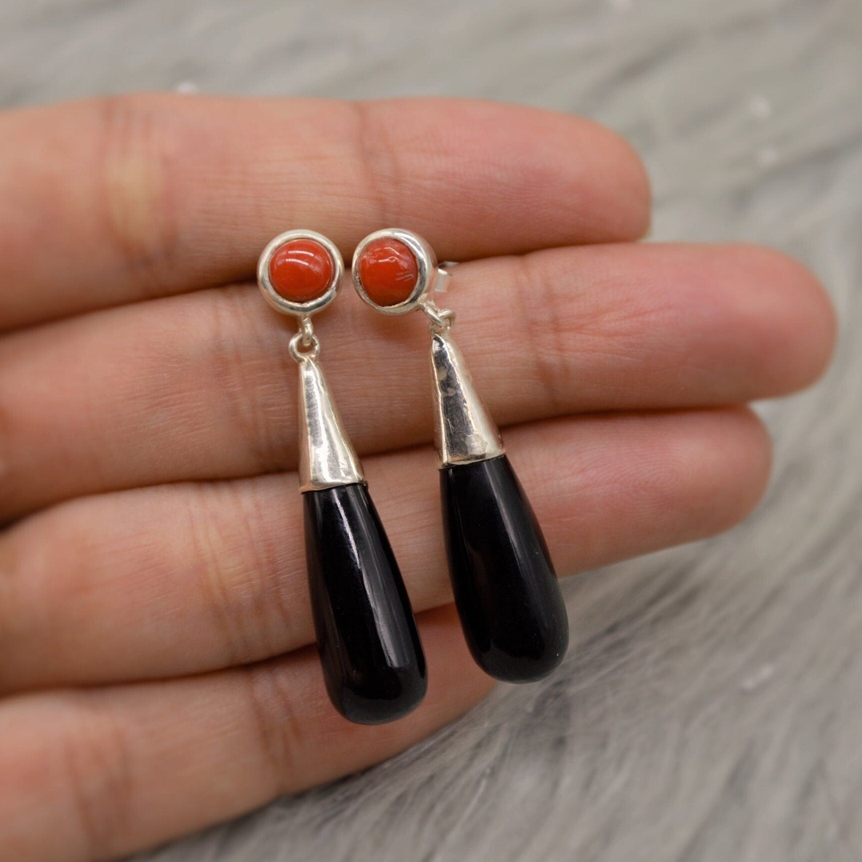 Black Onyx, Red Coral Silver Earrings, Sterling Silver, Red Coral Jewelry, Cute Gemstone Dangle Drop Earrings, Gift For Her