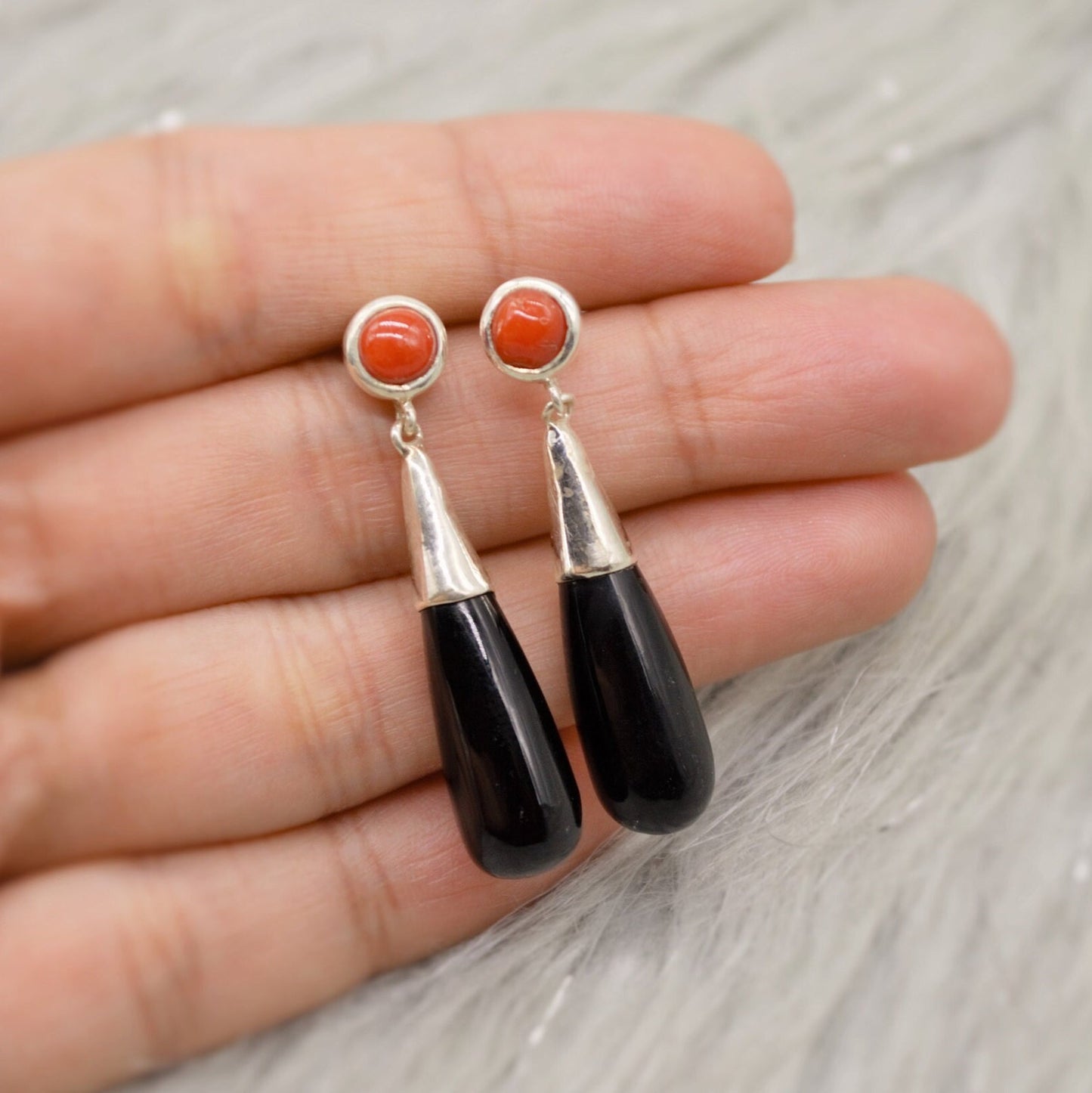 Black Onyx, Red Coral Silver Earrings, Sterling Silver, Red Coral Jewelry, Cute Gemstone Dangle Drop Earrings, Gift For Her