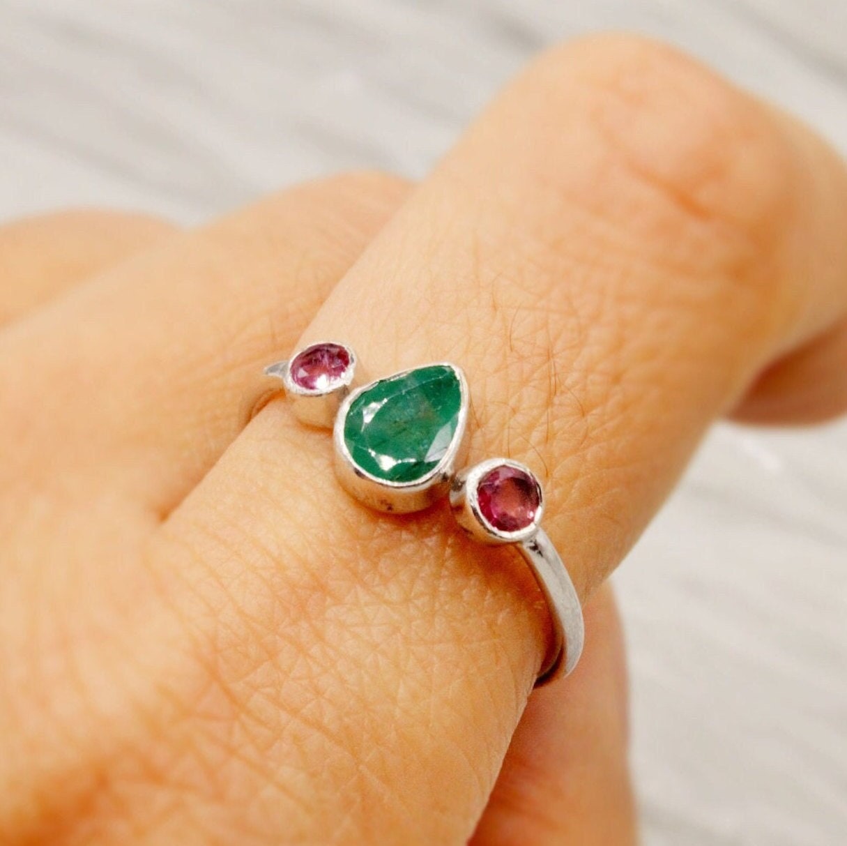 Pink Tourmaline, Emerald Silver Ring, Sterling Silver Emerald Jewelry, May, October Birthstone Ring, Stackable Rings For Women